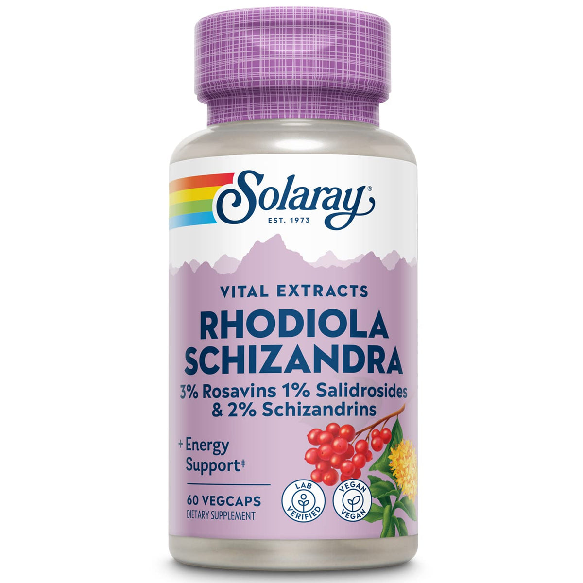 SOLARAY Rhodiola Schizandra: botella ecológica para energía diaria sostenida.