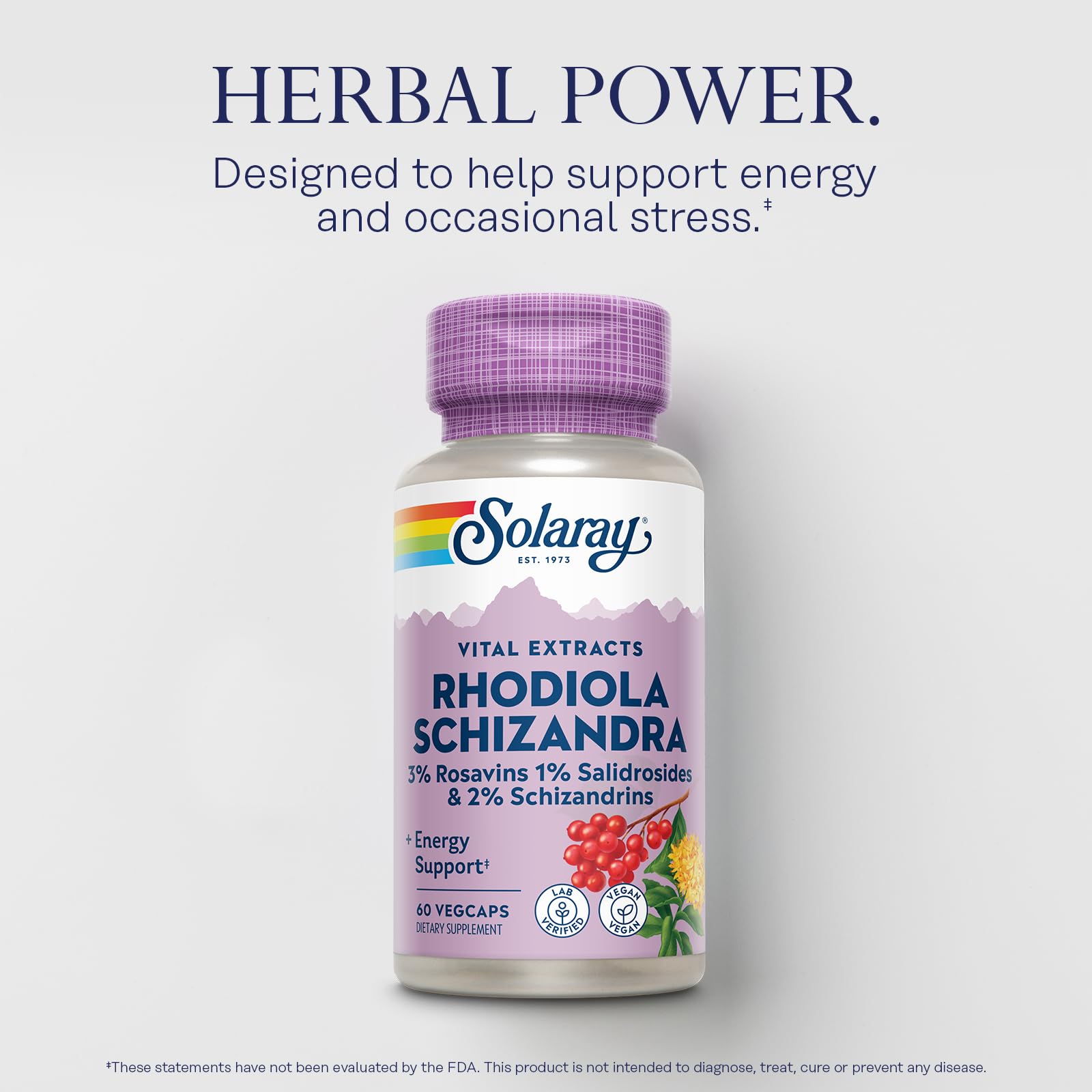 SOLARAY Rhodiola Schizandra: cápsulas en uso diario para vitalidad.