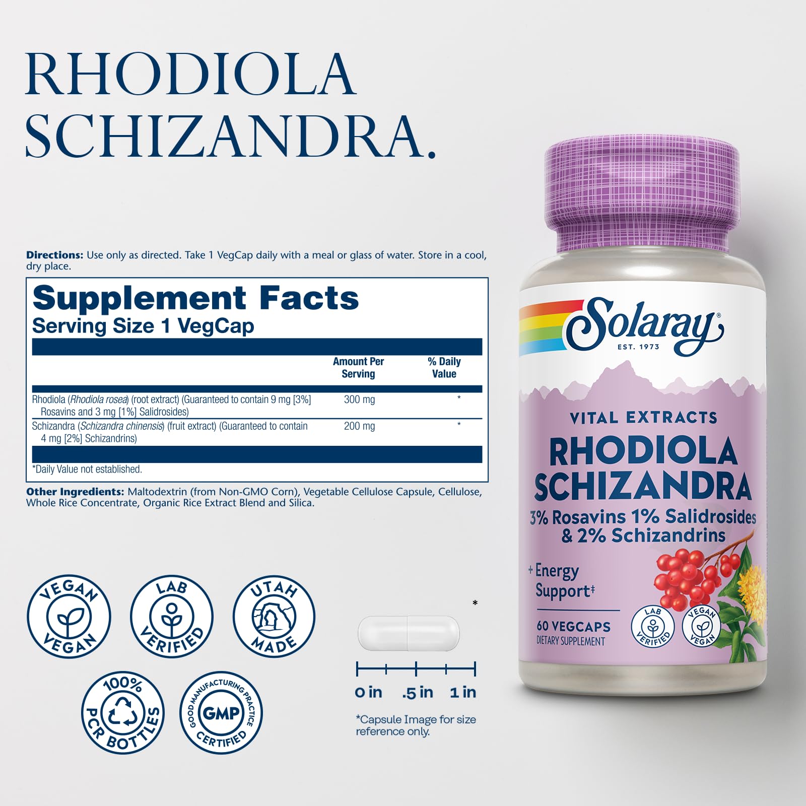 SOLARAY Rhodiola Schizandra: cápsulas veganas para energía sostenida.