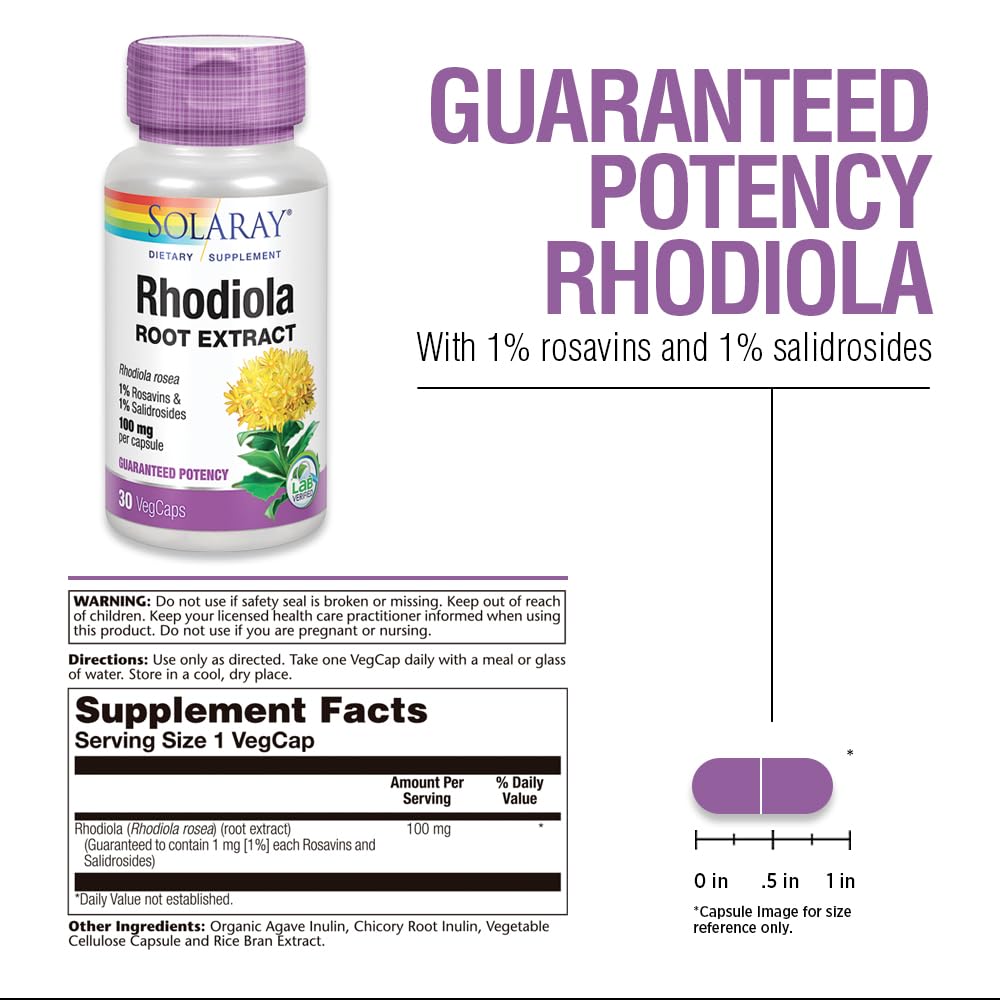 SOLARAY Rhodiola: cápsulas para energía y ánimo equilibrado.