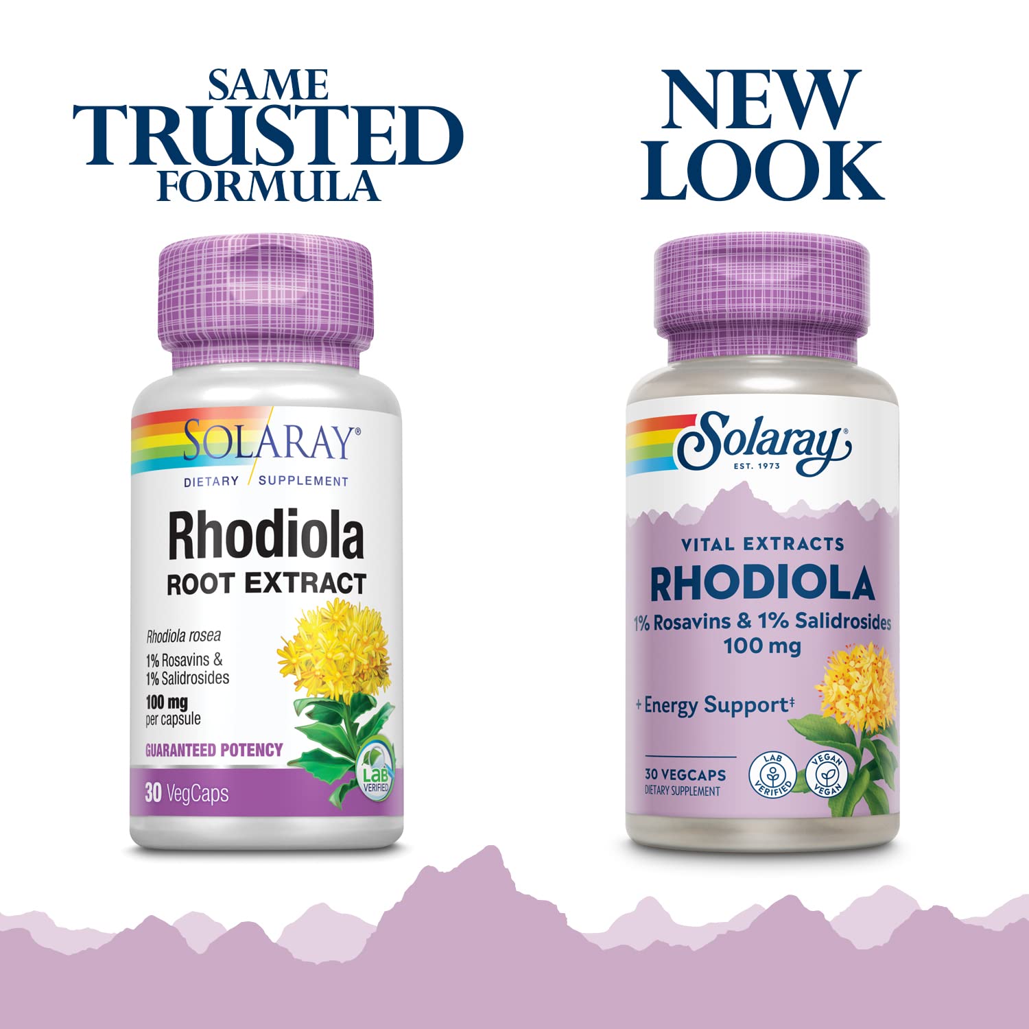 SOLARAY Rhodiola: etiqueta frontal destacando la fórmula y empaque.