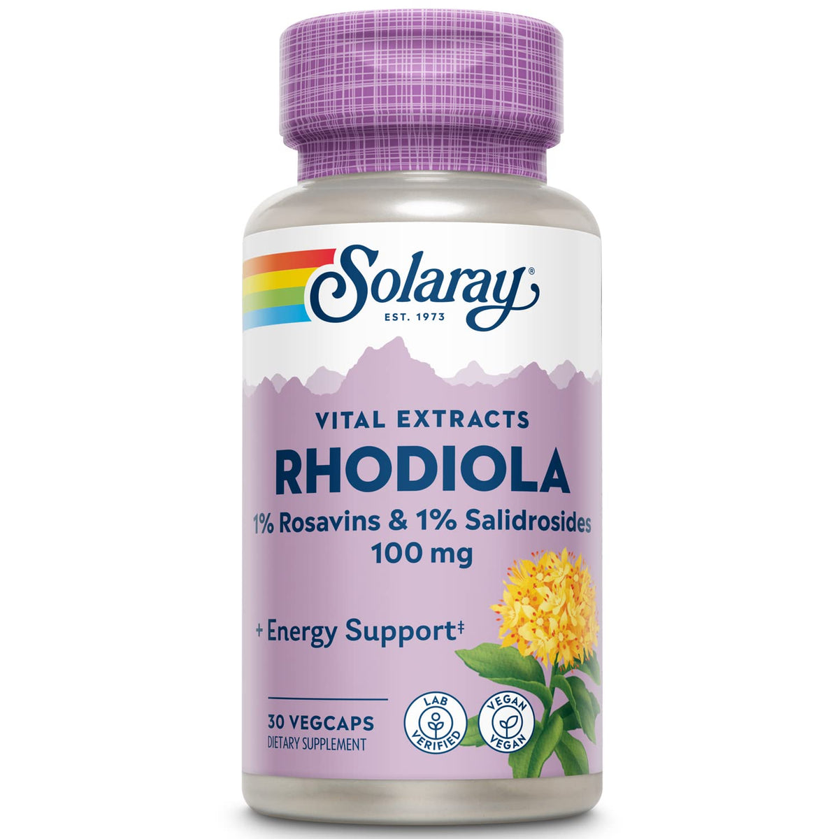 SOLARAY Rhodiola: botella con extracto de raíz de 100 mg para bienestar diario.