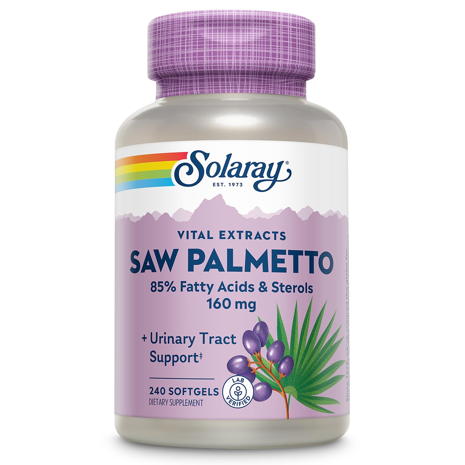 SOLARAY Saw Palmetto Extract: botella que destaca la fórmula para apoyo prostático.