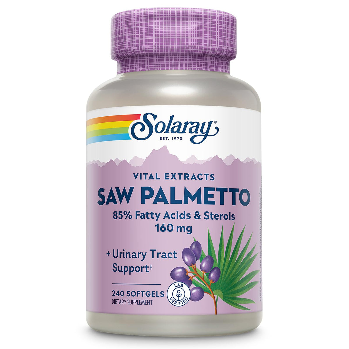 SOLARAY Saw Palmetto Extract: botella que destaca la fórmula para apoyo prostático.