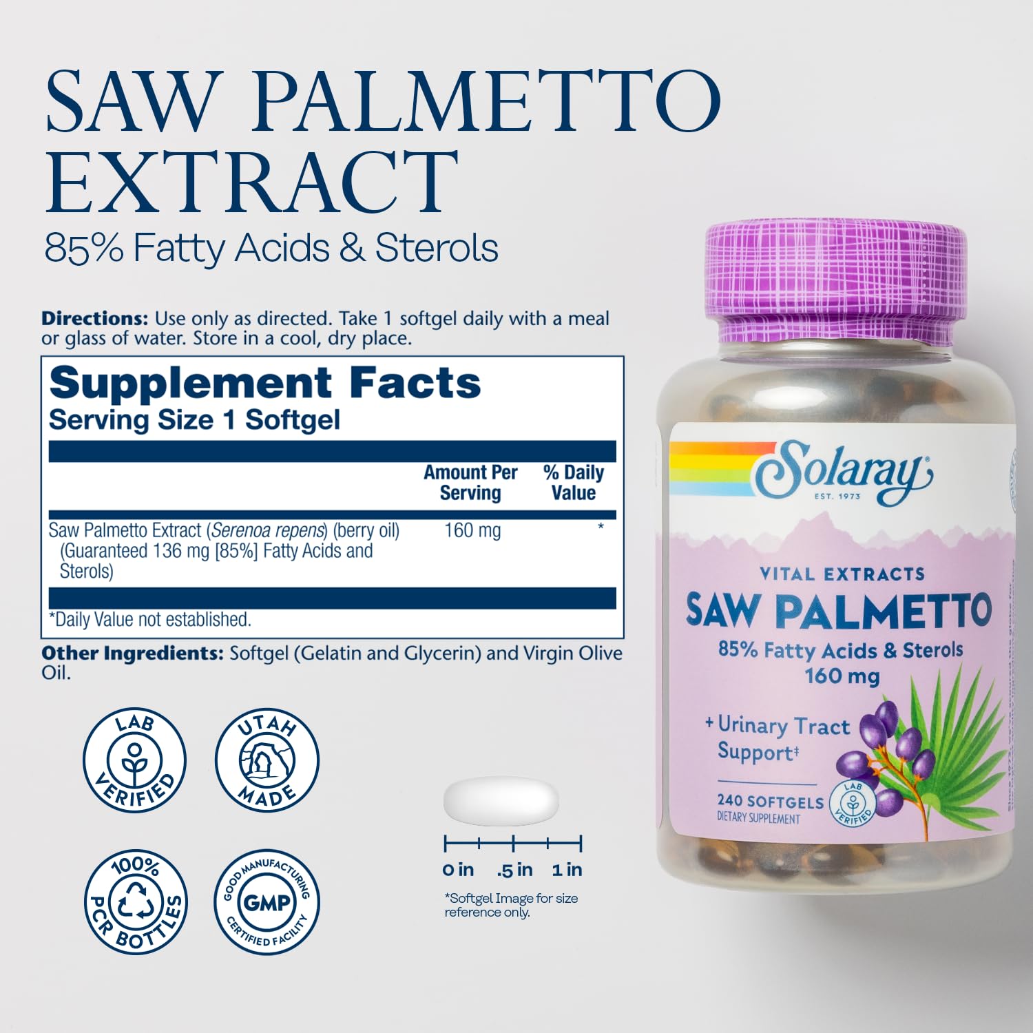 SOLARAY Saw Palmetto Extract: etiqueta informativa que resalta la potencia de 160 mg por píldora.