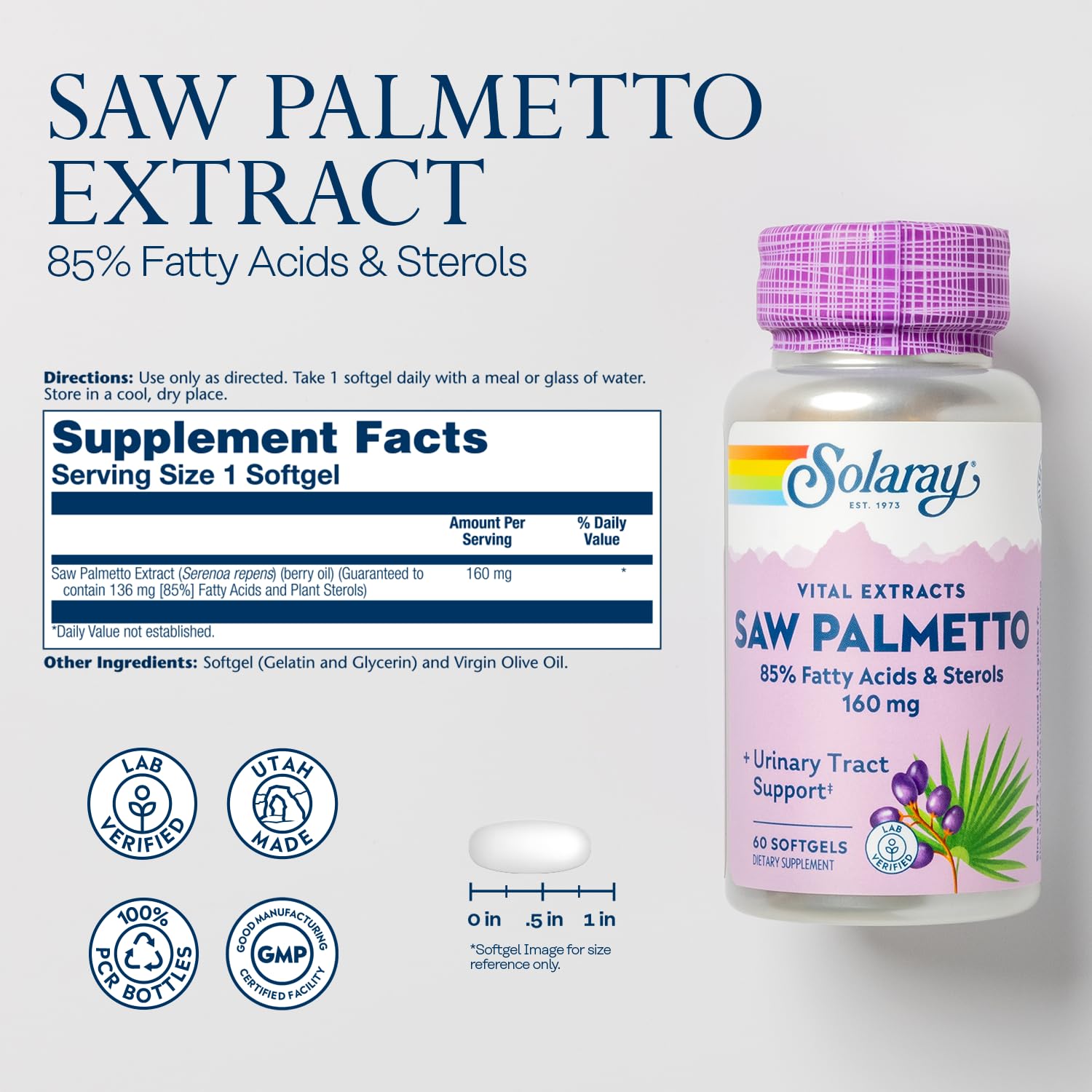 SOLARAY Saw Palmetto Extract etiqueta: información clara para consulta de dosis.