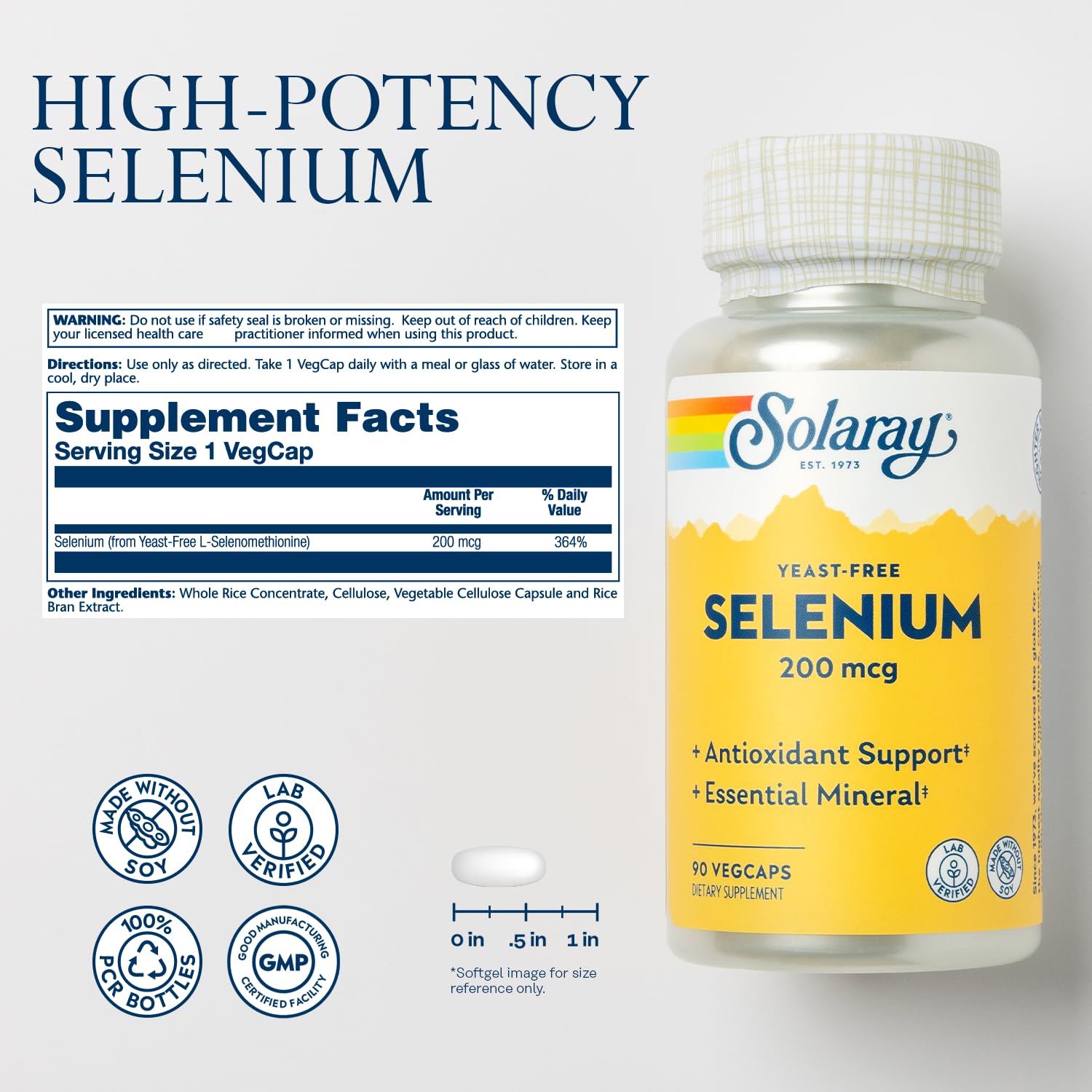 SOLARAY Selenio sin levadura, cápsulas aptas para dietas sensibles.