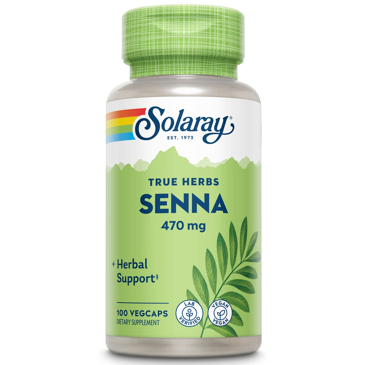 SOLARAY Senna hoja cápsulas veganas; vista de la botella para apoyo digestivo ocasional