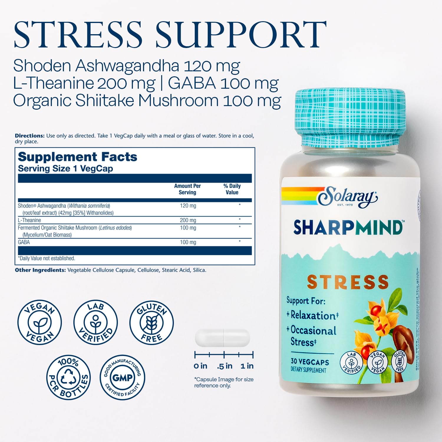 SOLARAY SharpMind contiene ashwaganda, L-teanina y GABA para equilibrio emocional