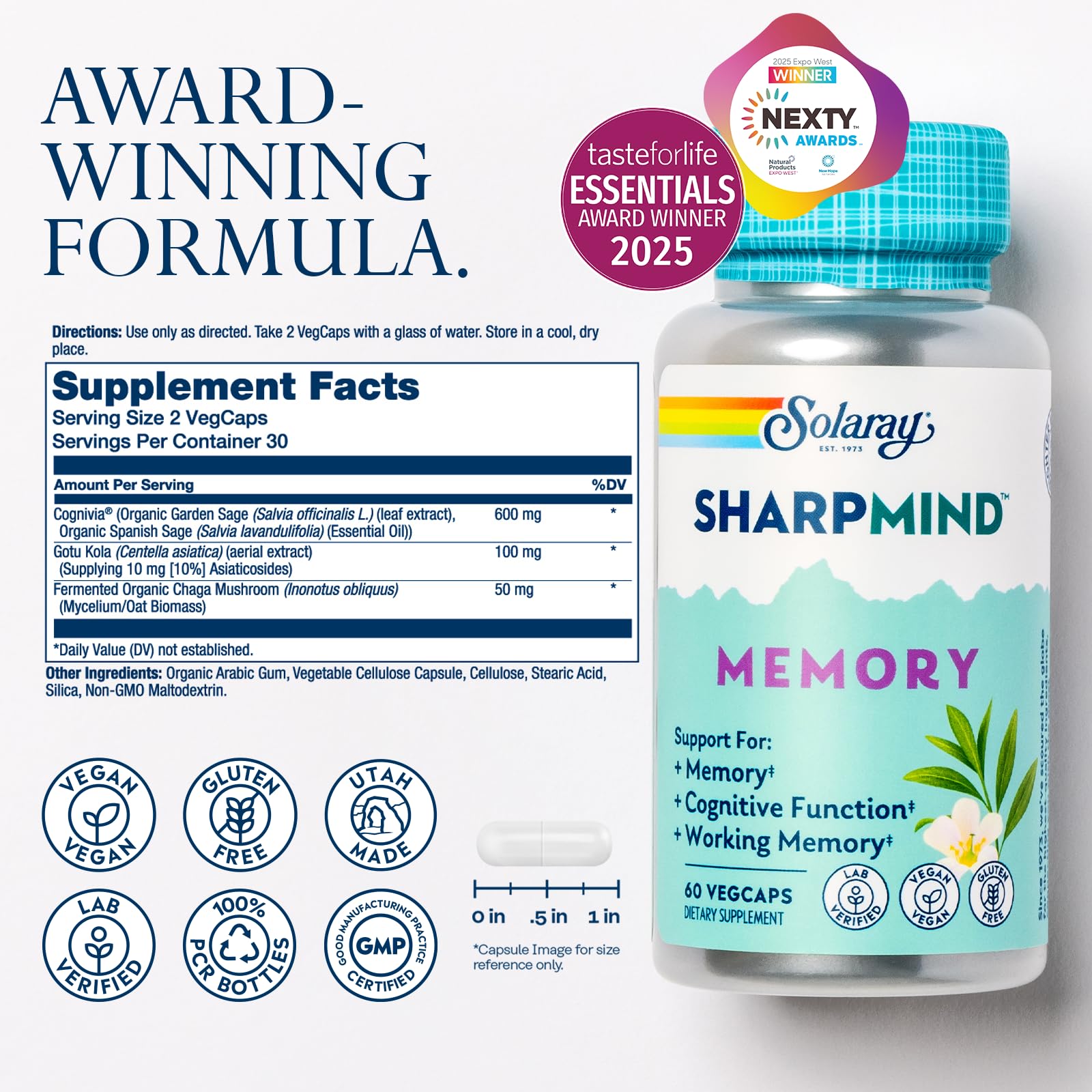 SOLARAY SharpMind cápsulas veganas para consumo diario y concentración sostenida.