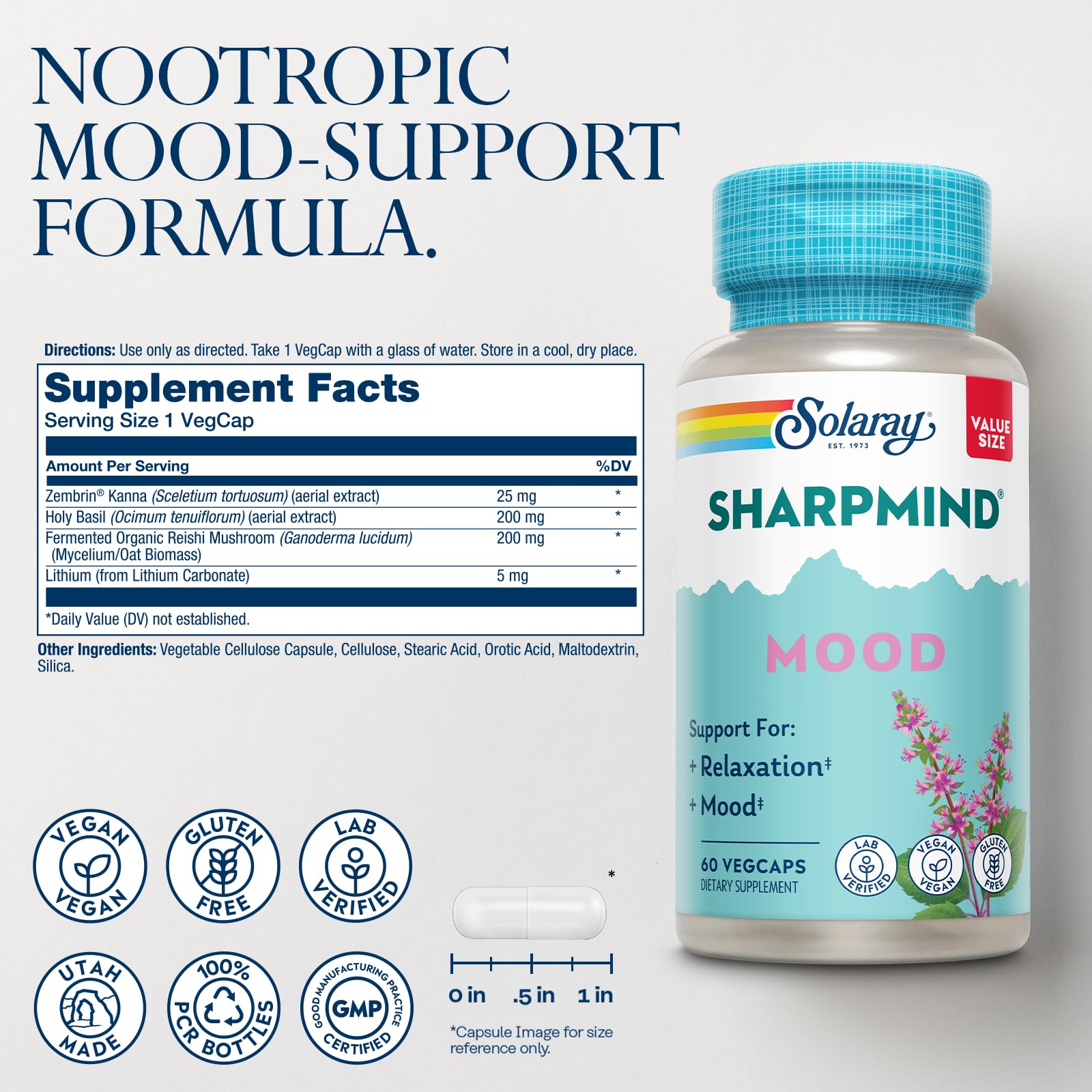 SOLARAY SharpMind cápsulas veganas en primer plano, apoyo emocional suave.