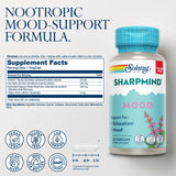 SOLARAY SharpMind cápsulas veganas en primer plano, apoyo emocional suave.