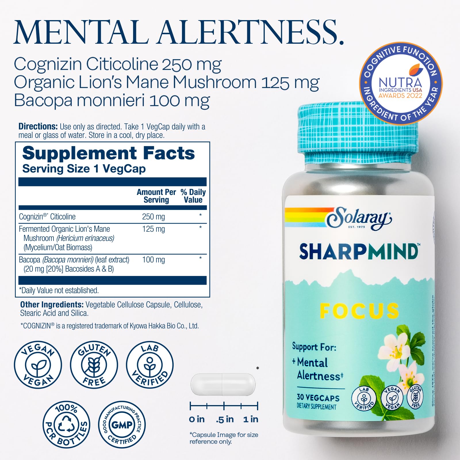SOLARAY SharpMind Focus cápsulas vegetarianas para bienestar mental sostenible