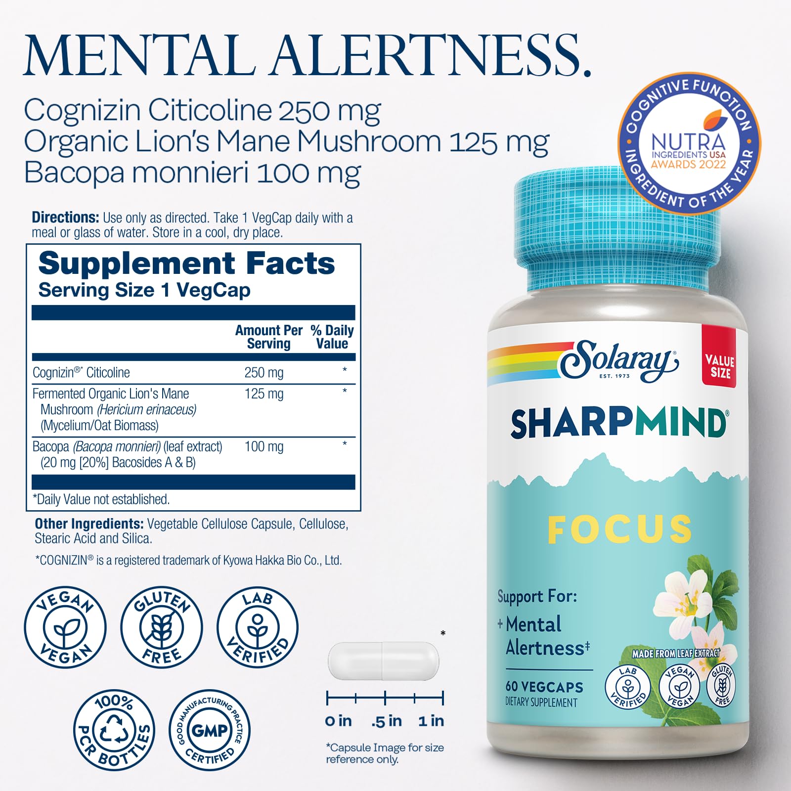 SOLARAY SharpMind Focus etiqueta resaltando Cognizin Citicolina y hongo melena de león