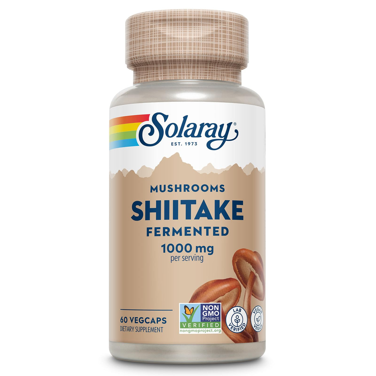 SOLARAY Shiitake fermentado cápsulas frente, posible apoyo al sistema inmune.