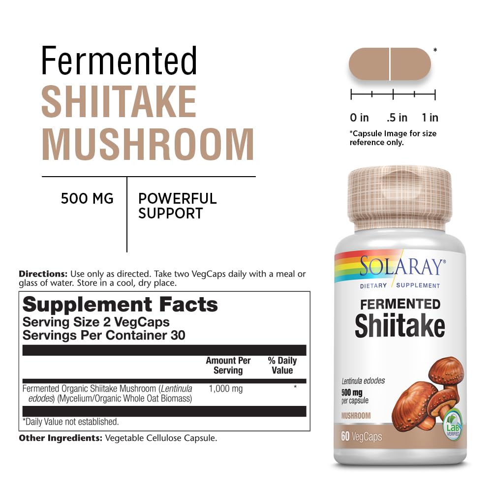 SOLARAY Shiitake fermentado etiqueta del producto, opción vegana y no GMO.
