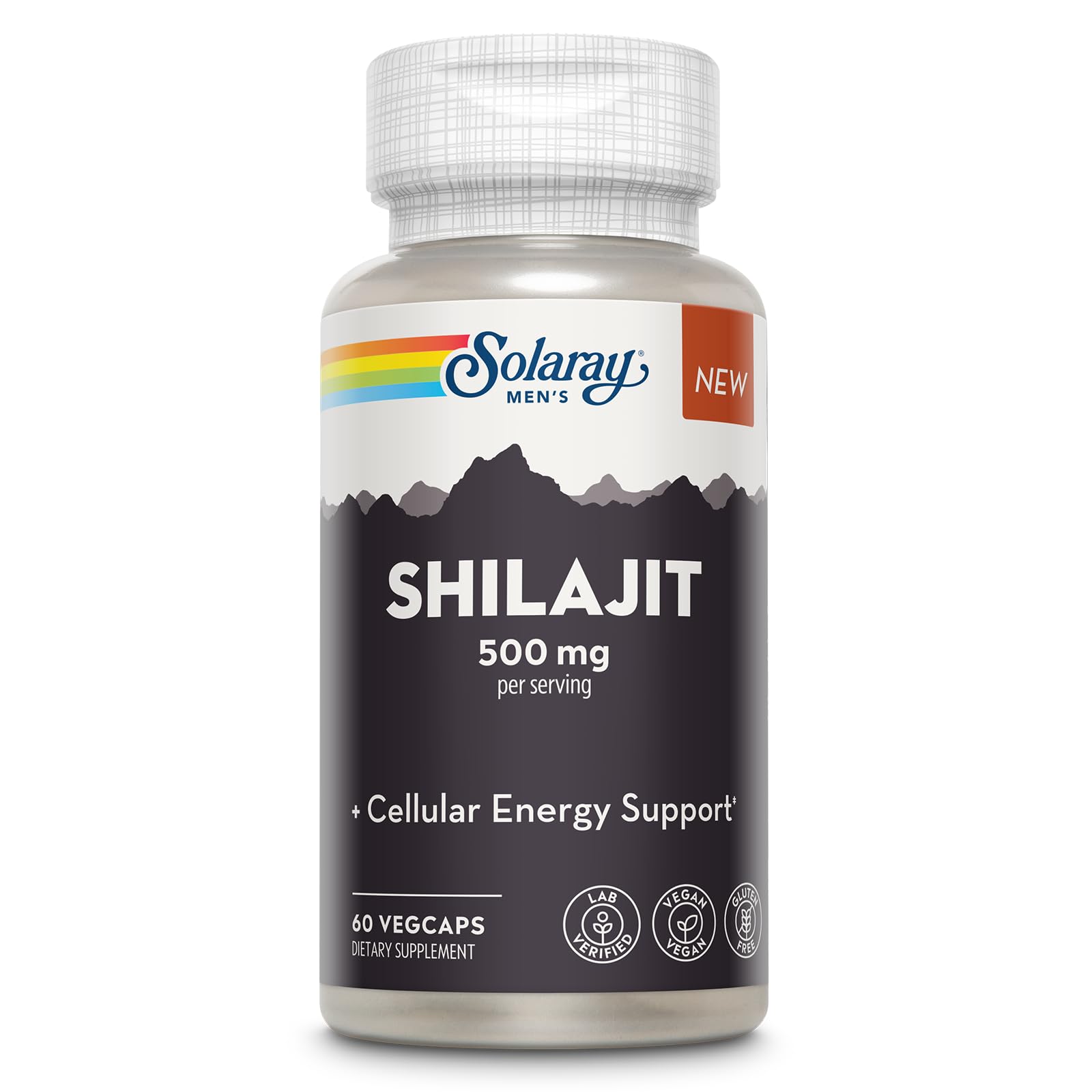 SOLARAY Shilajit 500 mg en botella: soporte potencial de energía celular para hombres.