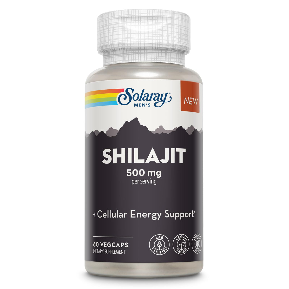 SOLARAY Shilajit 500 mg en botella: soporte potencial de energía celular para hombres.