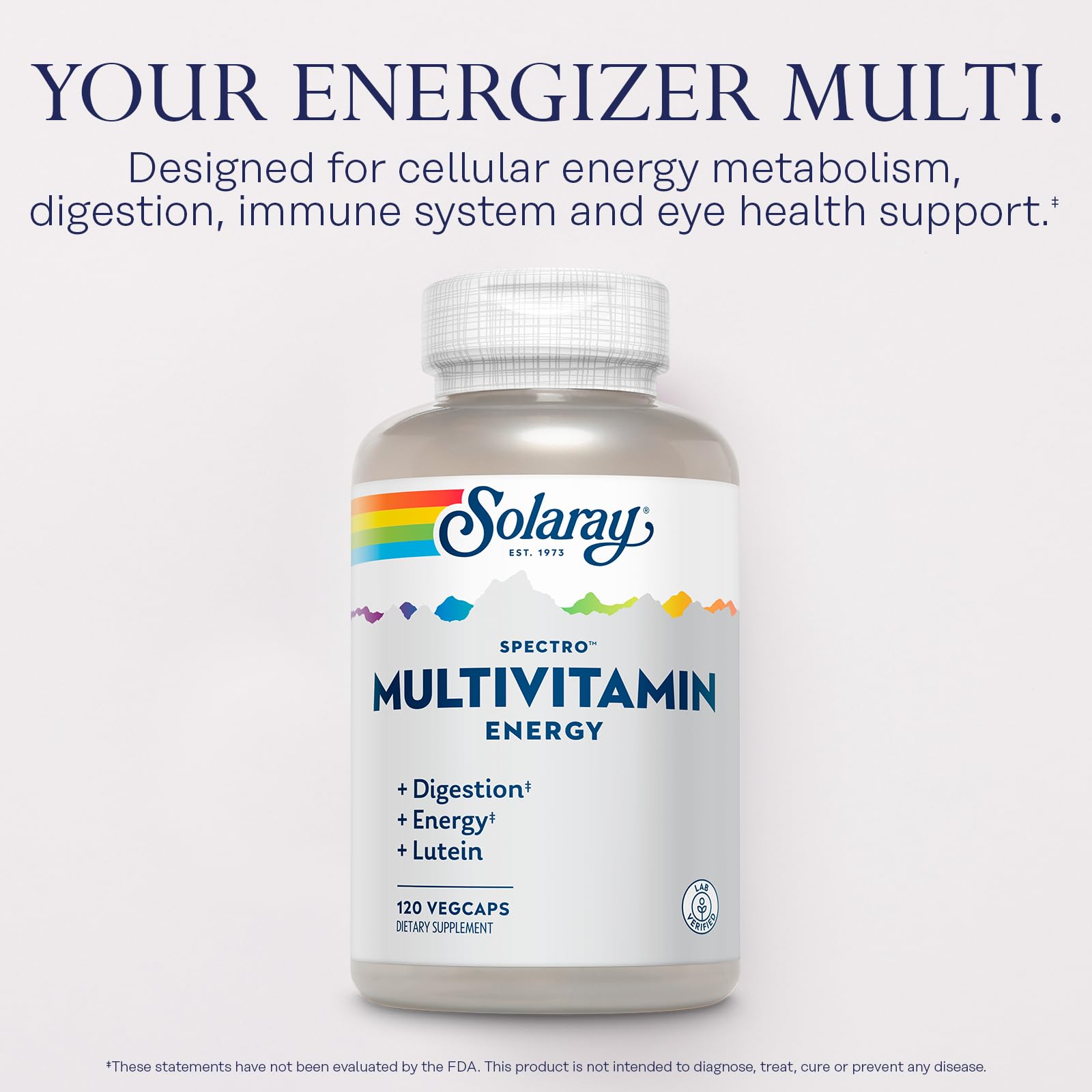 Etiqueta de SOLARAY Spectro Energía Multivitamínico destacando beneficios clave.