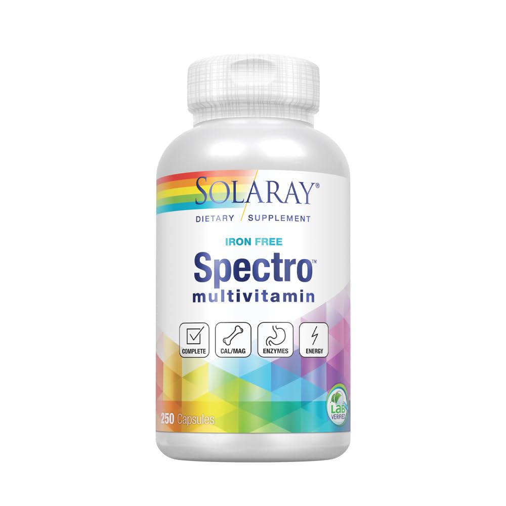 SOLARAY Spectro Multivitamin: botella de 250 cápsulas para apoyo diario y energía.