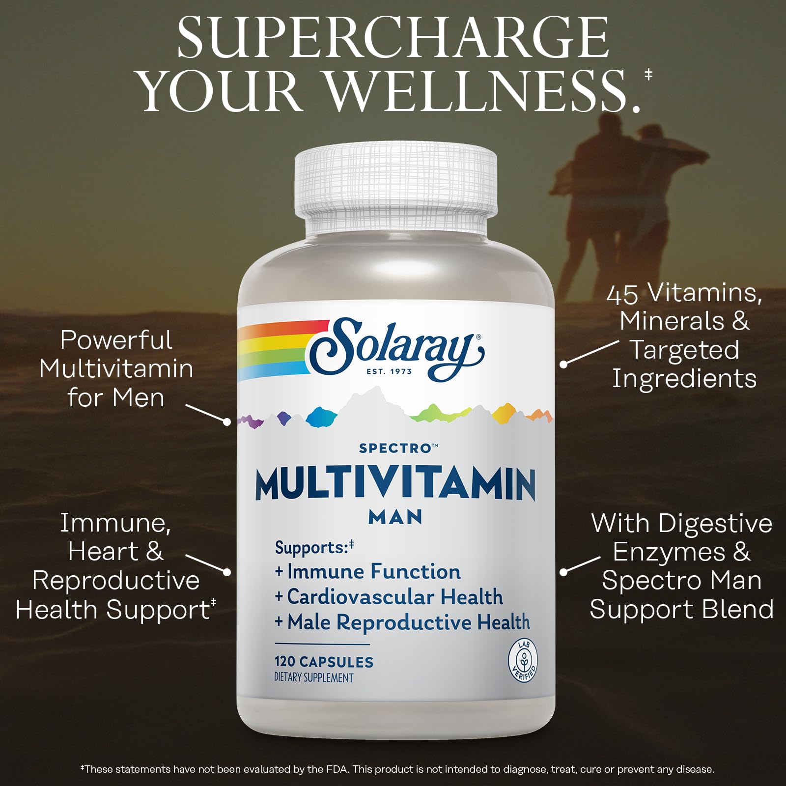 SOLARAY Spectro Multivitamínico para Hombres, etiqueta: detalles de ingredientes clave.