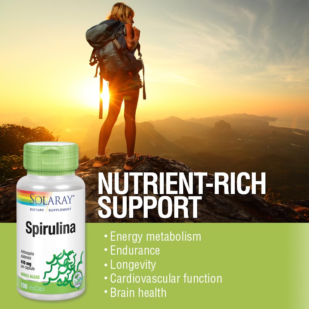 Composición de nutrientes de spirulina en SOLARAY: aminoácidos y vitaminas.