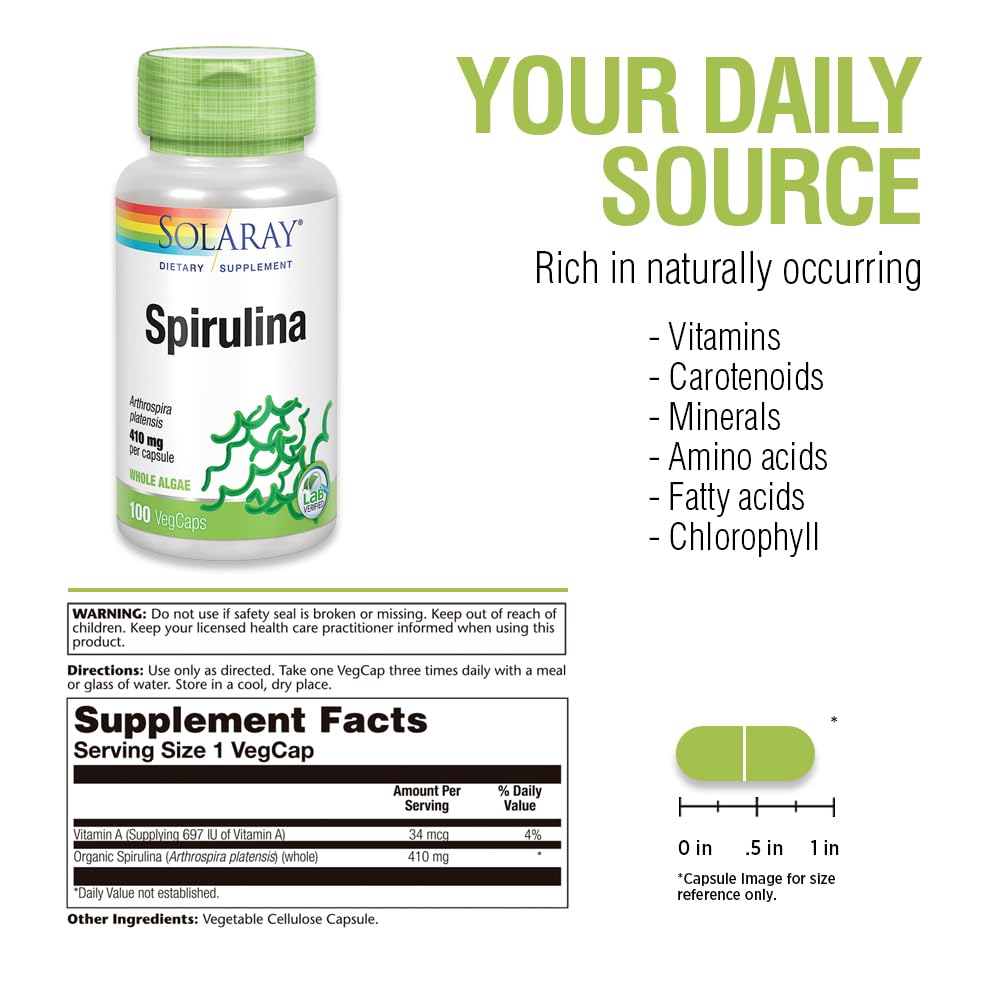 Envase SOLARAY Spirulina de 100 cápsulas para uso diario.