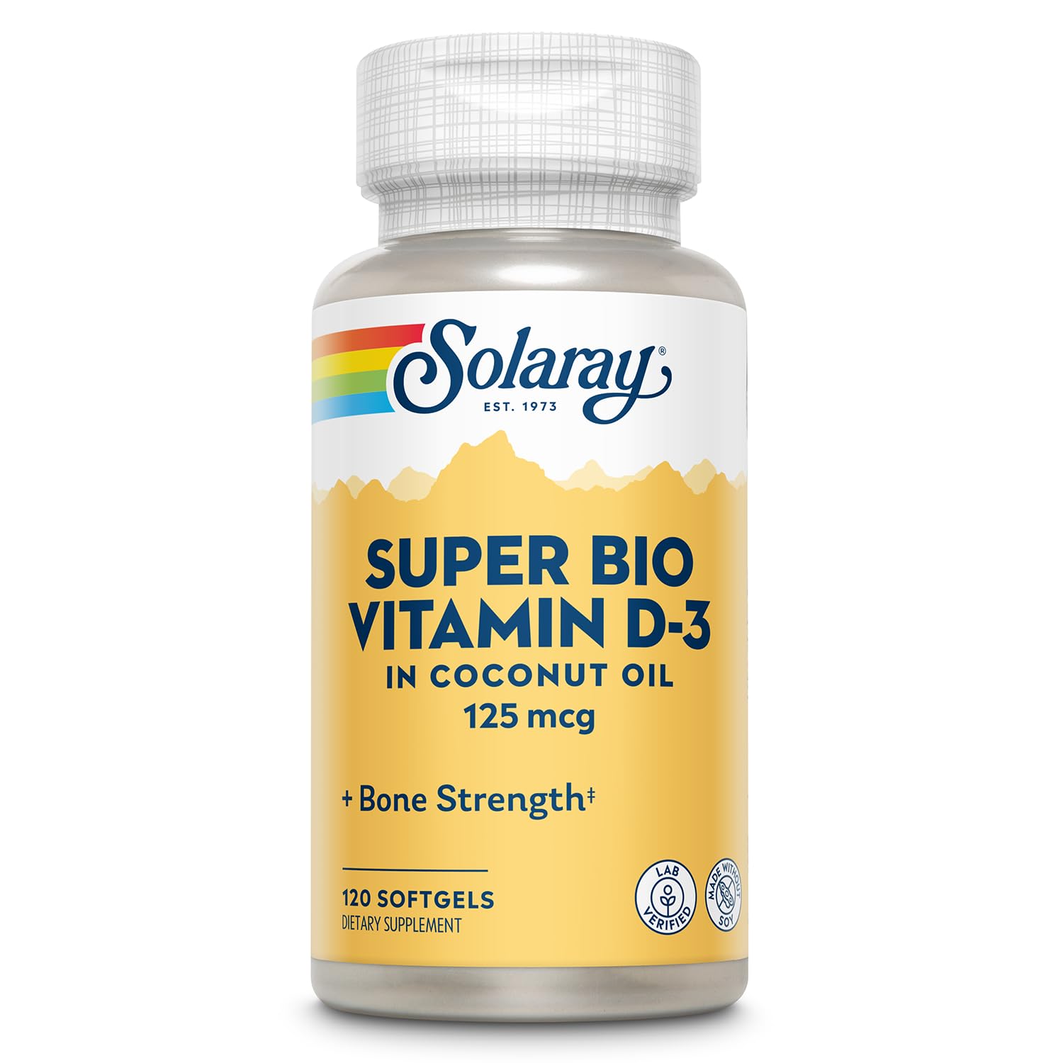 SOLARAY Super Bio D3 en botella con aceite de coco para absorción óptima.