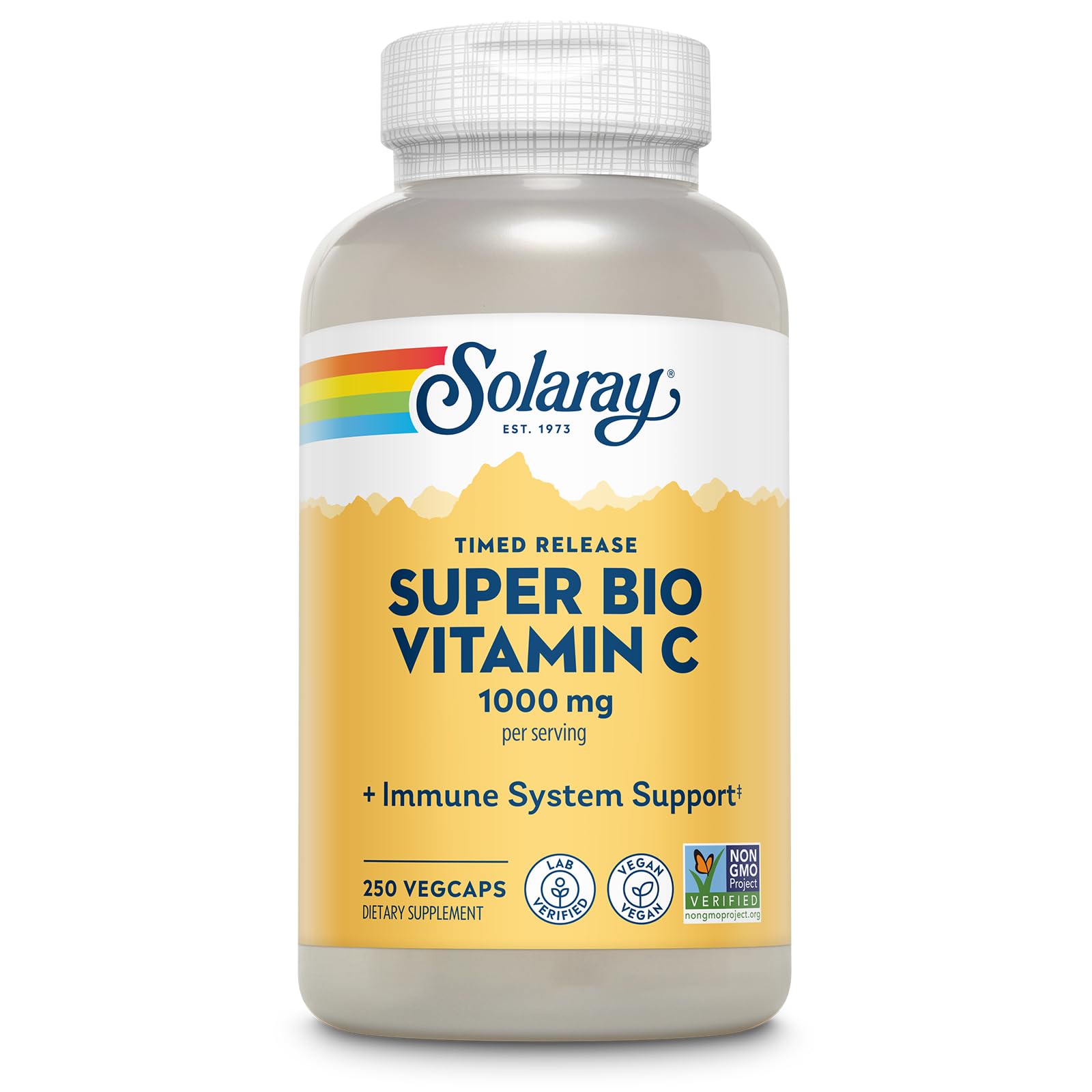 SOLARAY Super Bio Vitamina C 1000mg en botella, empaque sostenible para consumo diario.