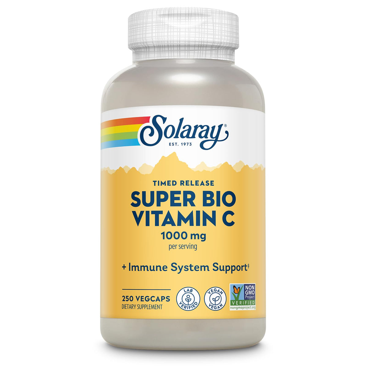 SOLARAY Super Bio Vitamina C 1000mg en botella, empaque sostenible para consumo diario.