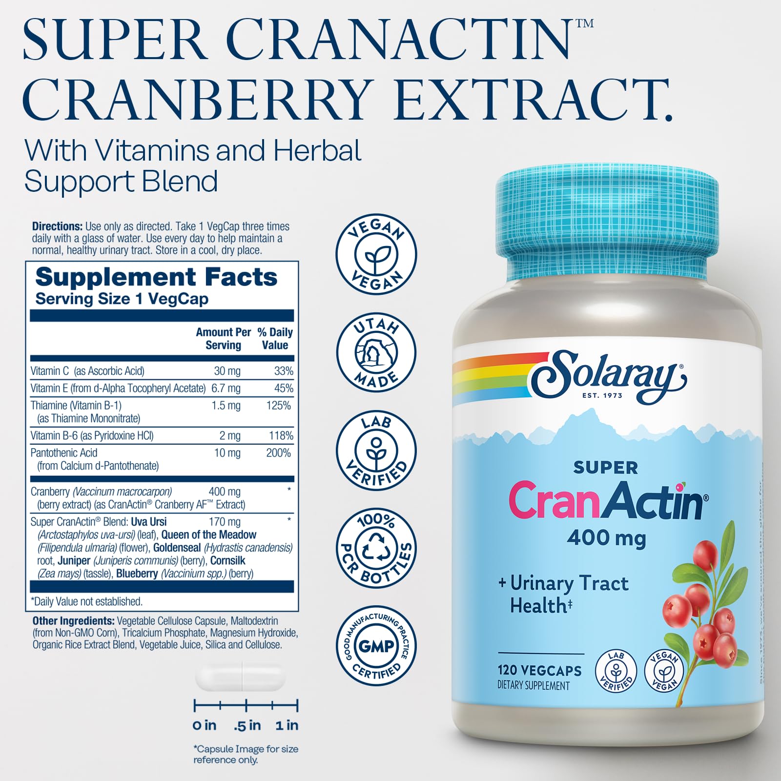 Etiqueta frontal muestra CranActin y vitaminas antioxidantes para uso diario.