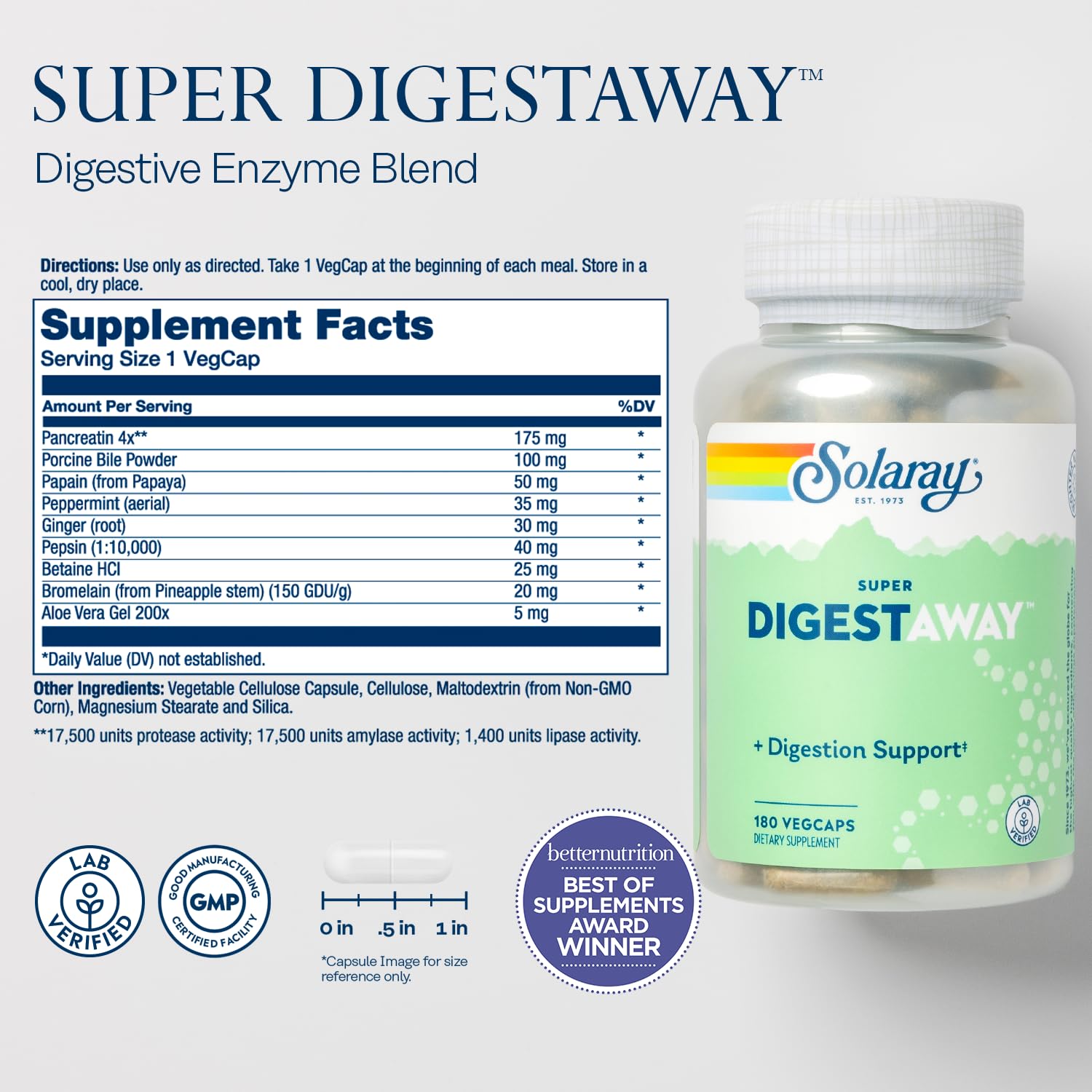 SOLARAY Super Digestaway cápsulas para uso diario que apoyan la descomposición de nutrientes.