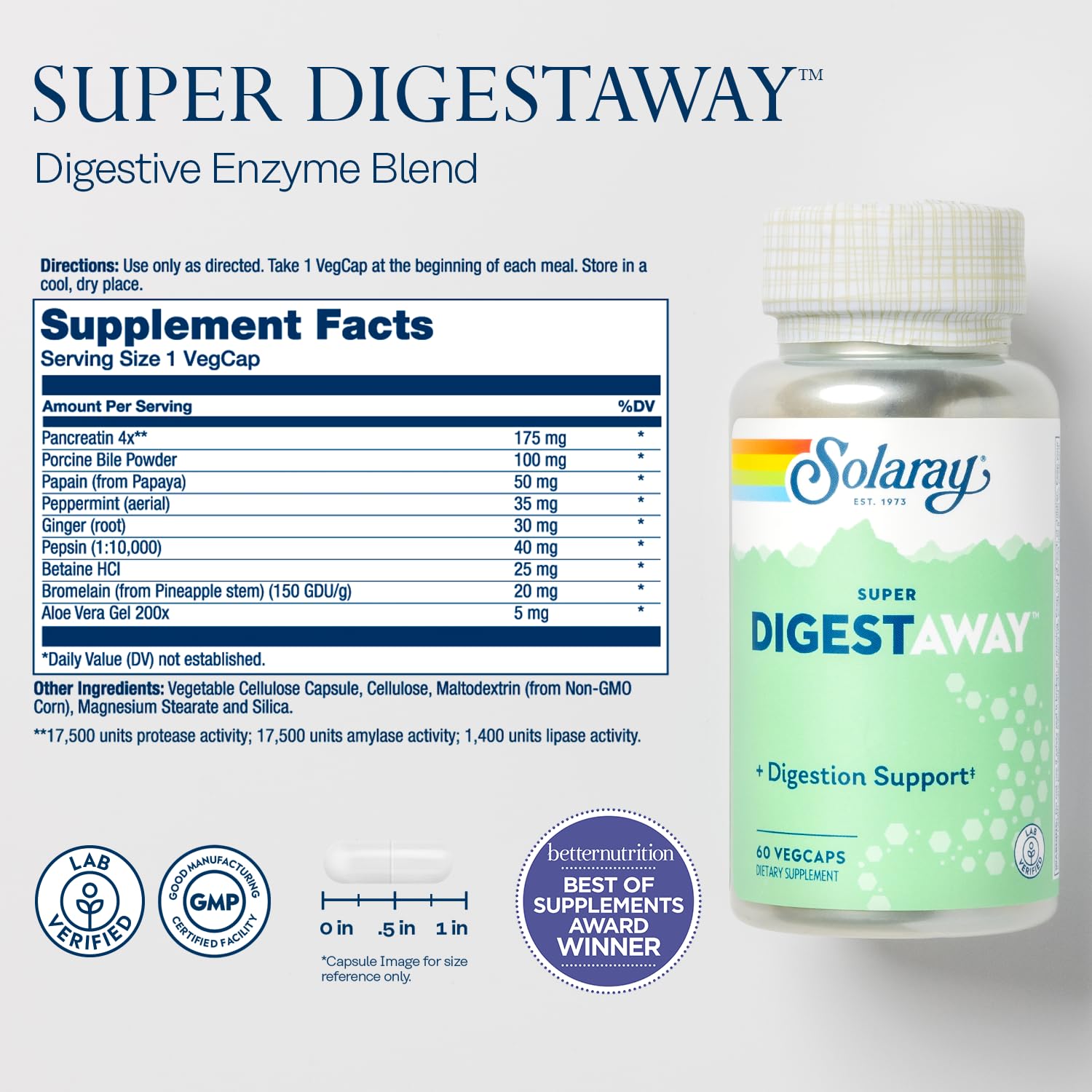 SOLARAY Super Digestaway: etiqueta de ingredientes con enzimas y plantas calmantes.