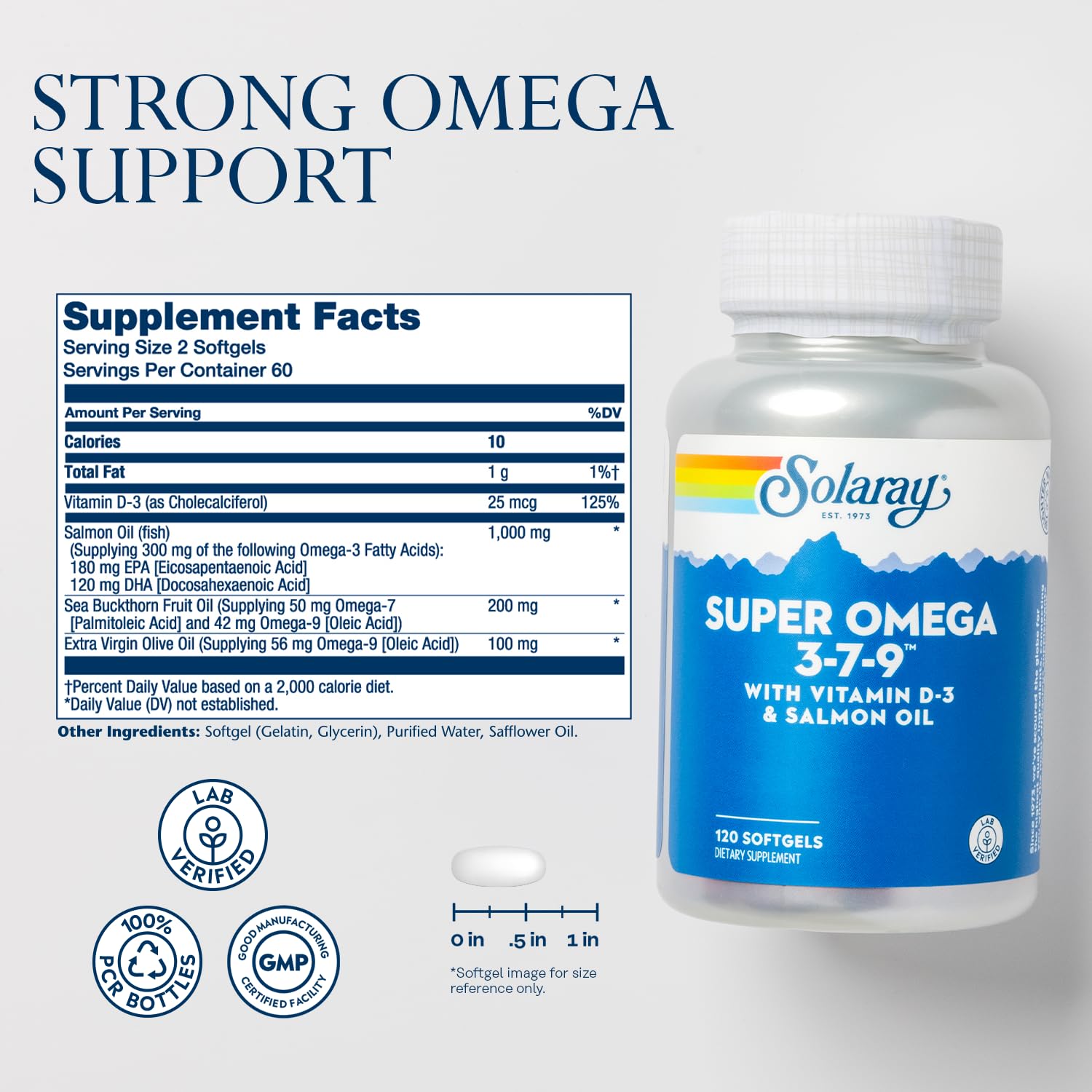 SOLARAY Super Omega 3-7-9 cápsulas blandas mini para ingestion diaria fácil.