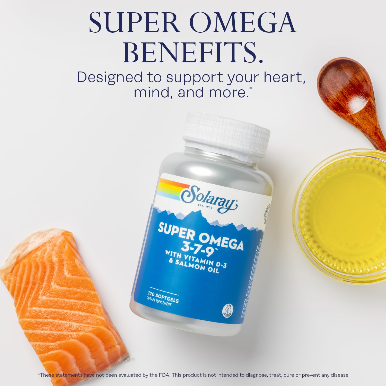 SOLARAY omega-3-7-9 dosis diaria de dos cápsulas con EPA y DHA.