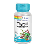 SOLARAY Thyroid Blend SP-26, frasco vertiendo, posible apoyo al bienestar diario.