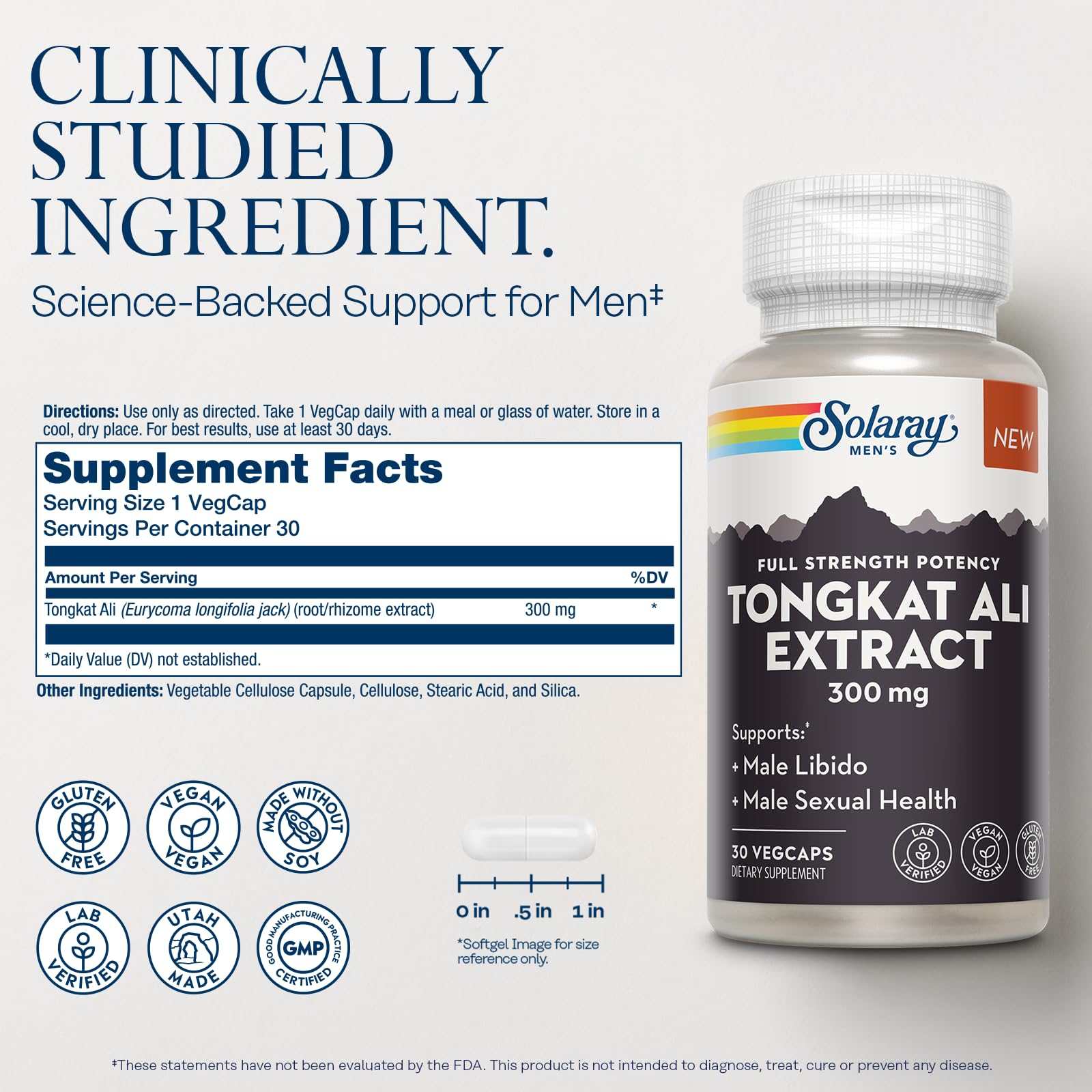 SOLARAY Tongkat Ali 300mg: cápsulas fáciles de dosificar para la rutina