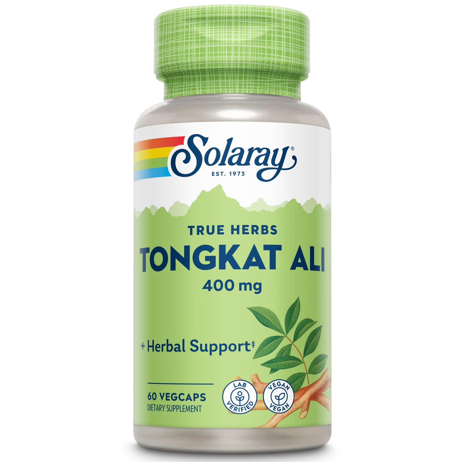 SOLARAY Tongkat Ali 400 mg, vista frontal de la botella para vitalidad diaria