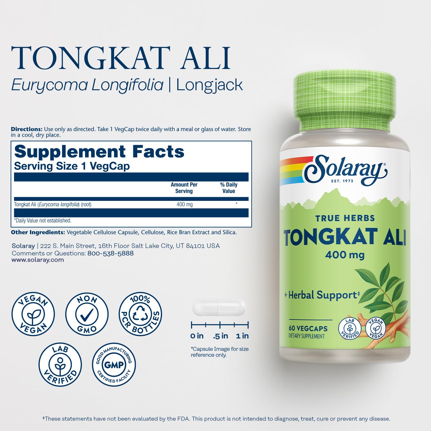 SOLARAY Tongkat Ali 400 mg, etiqueta cercana que garantiza calidad