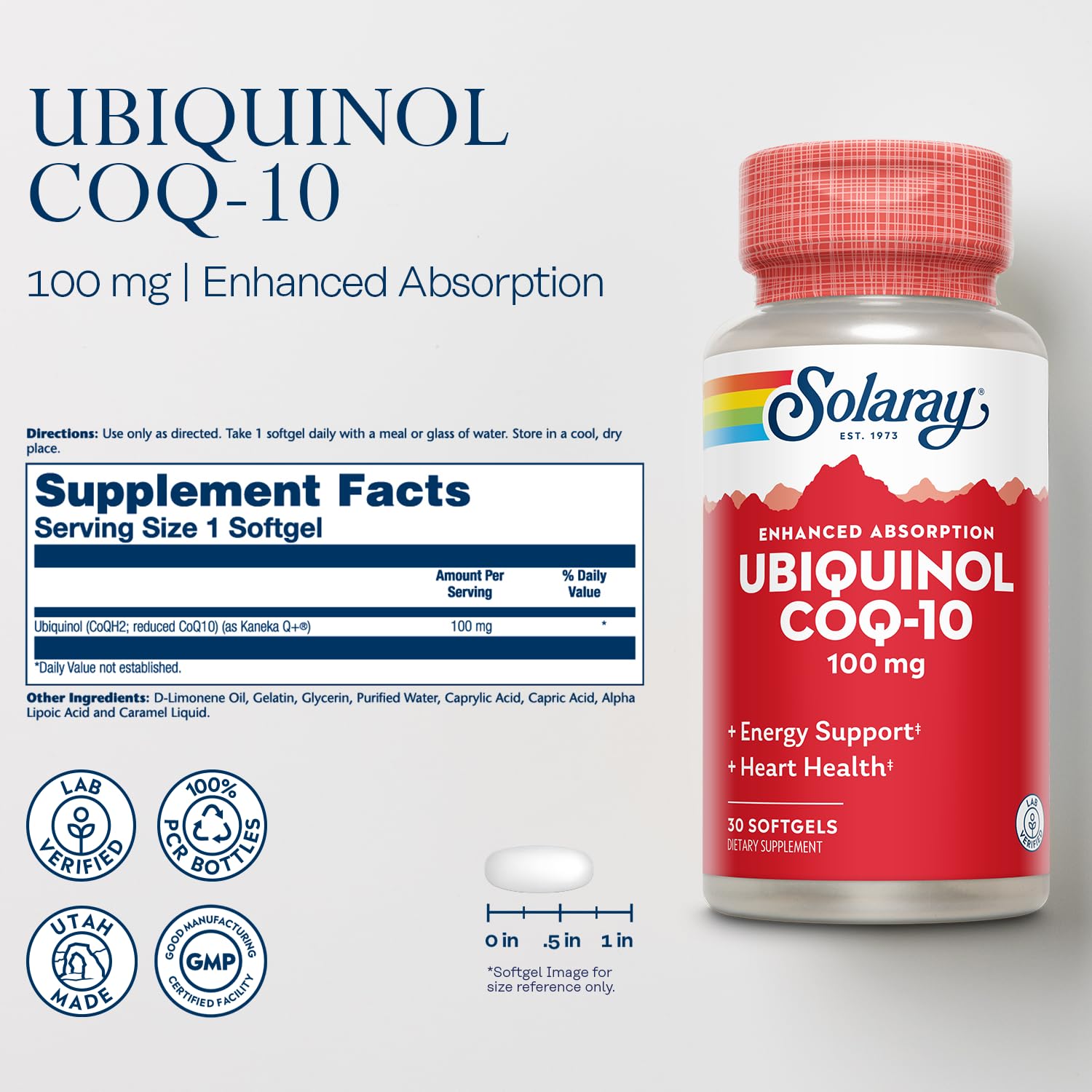 SOLARAY Ubiquinol CoQ10 en etiqueta, explicación clara para uso diario.