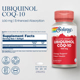 SOLARAY Ubiquinol CoQ10 en etiqueta, explicación clara para uso diario.