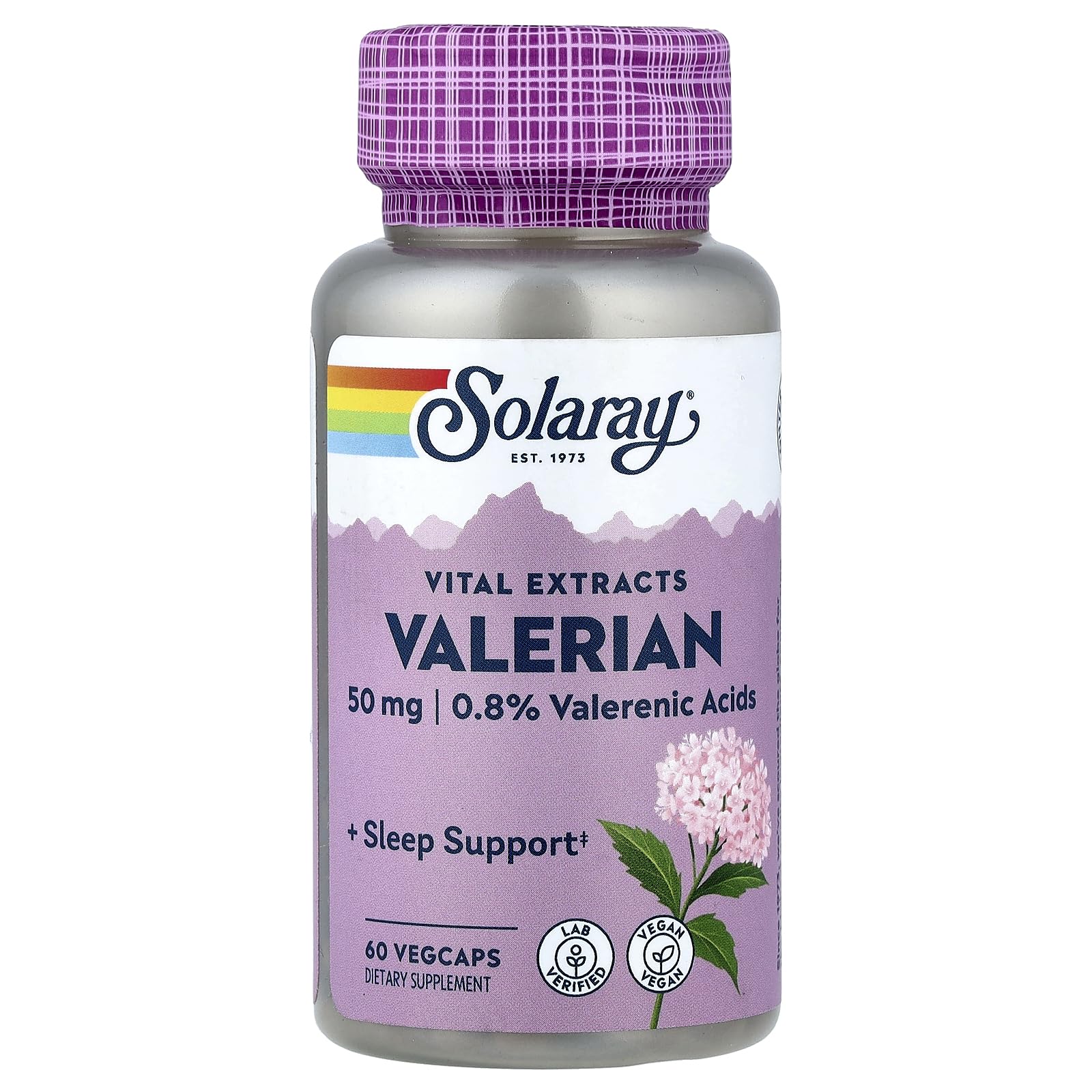 SOLARAY valeriana raíz extracto 50 mg, botella que favorece la relajación para una noche tranquila