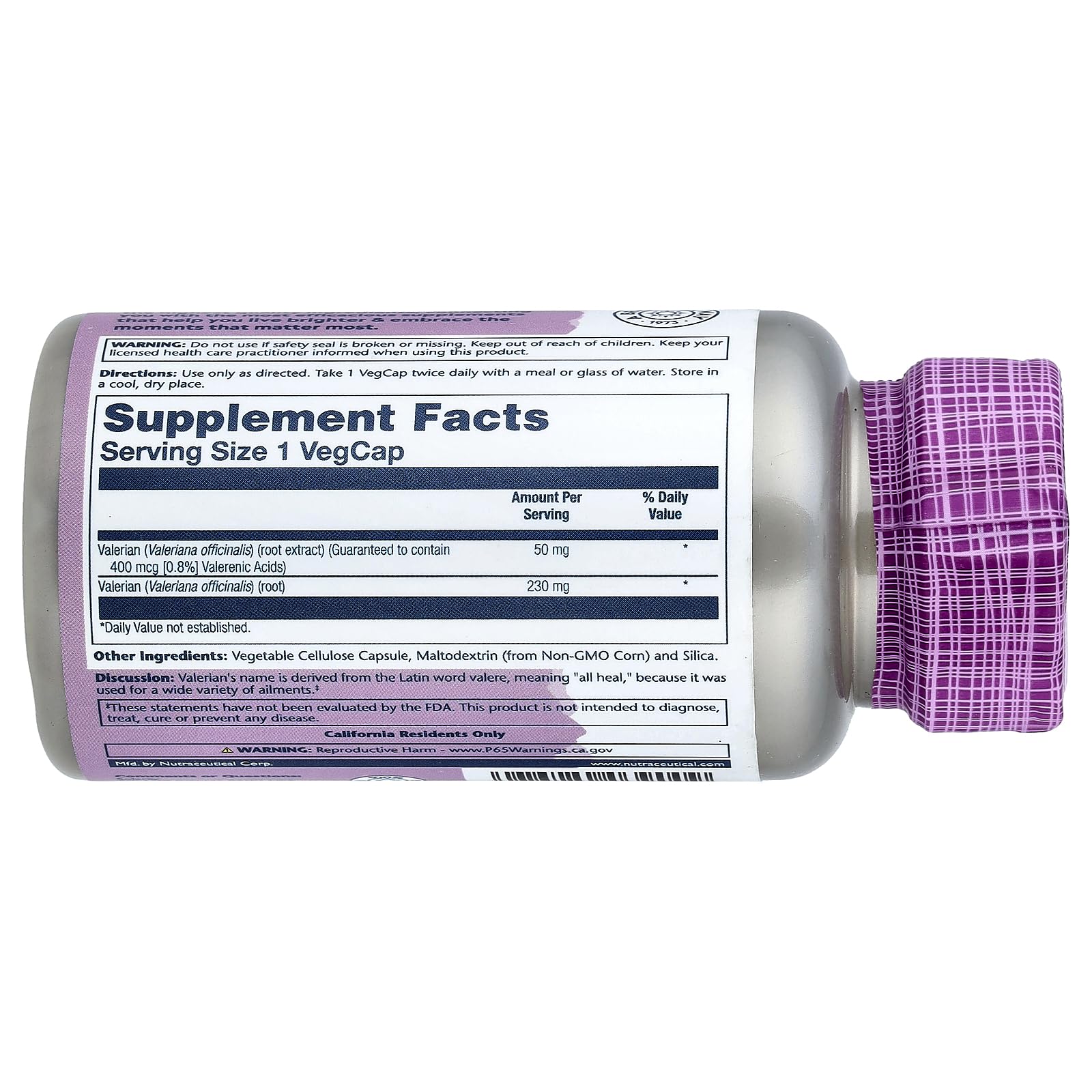 SOLARAY valeriana raíz extracto 50 mg, cápsulas para soporte de sueño consistente