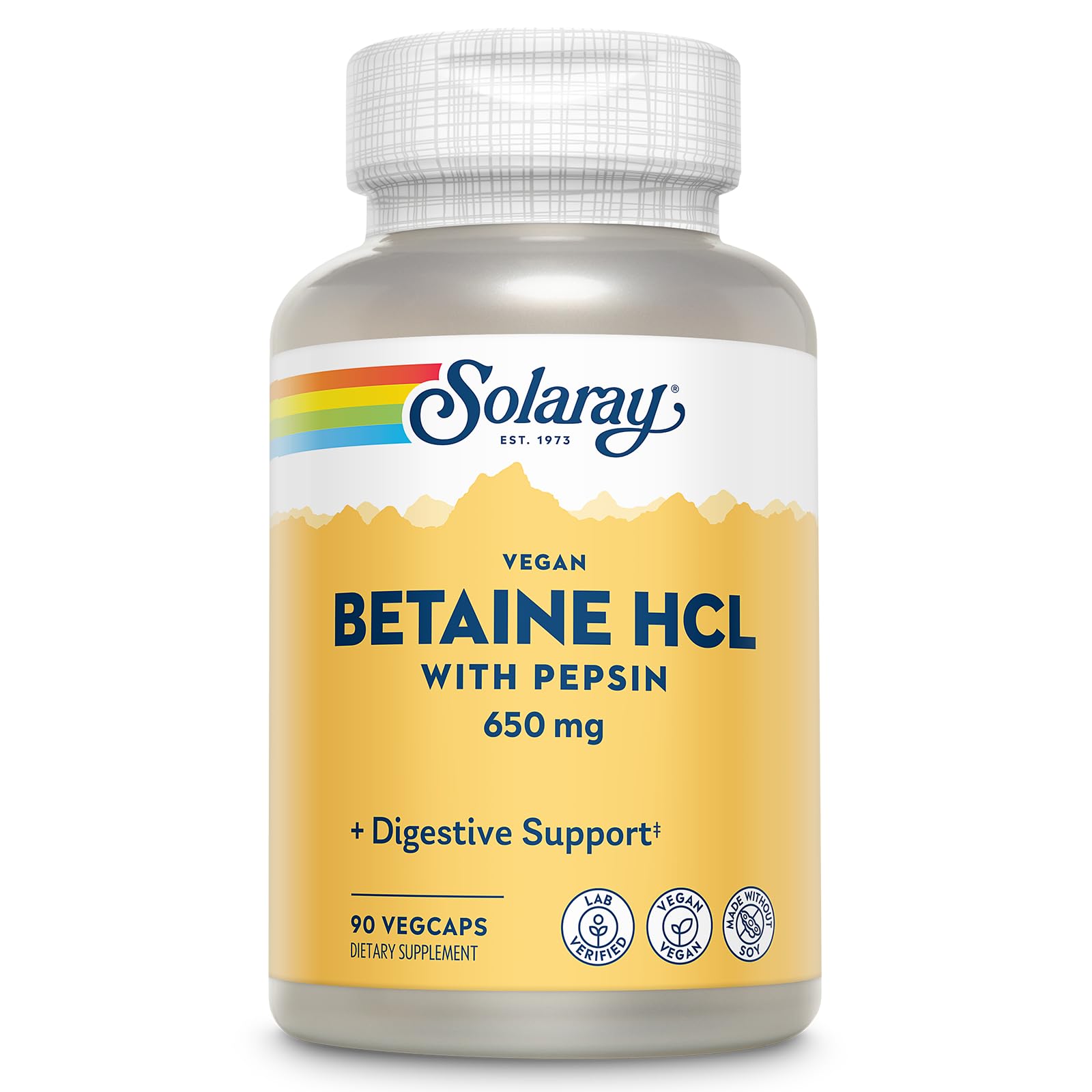 SOLARAY Vegan Betaine HCl con Pepsina: botella detallada para la digestión diaria.