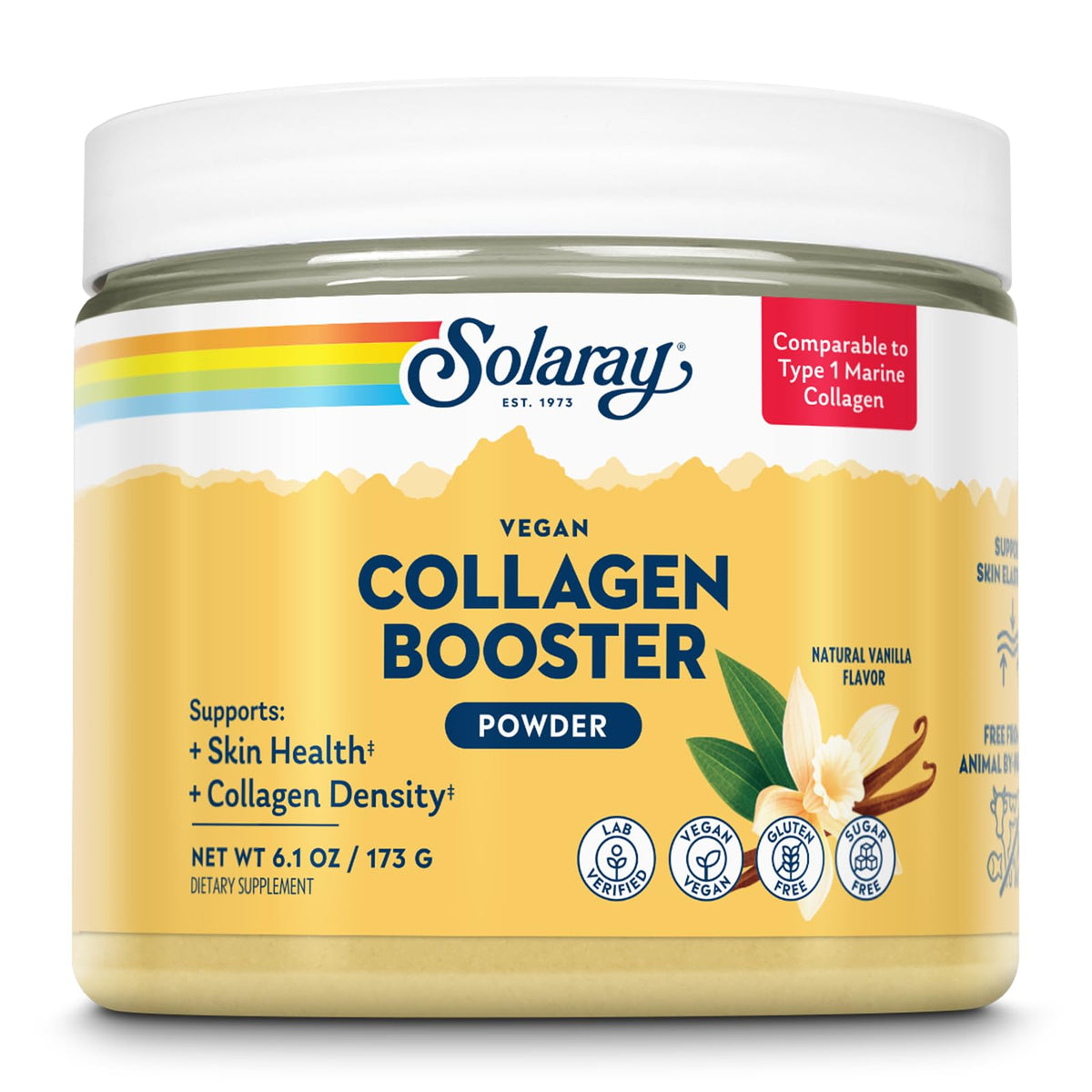 SOLARAY refuerzo vegano de colágeno en frasco vainilla para batidos.