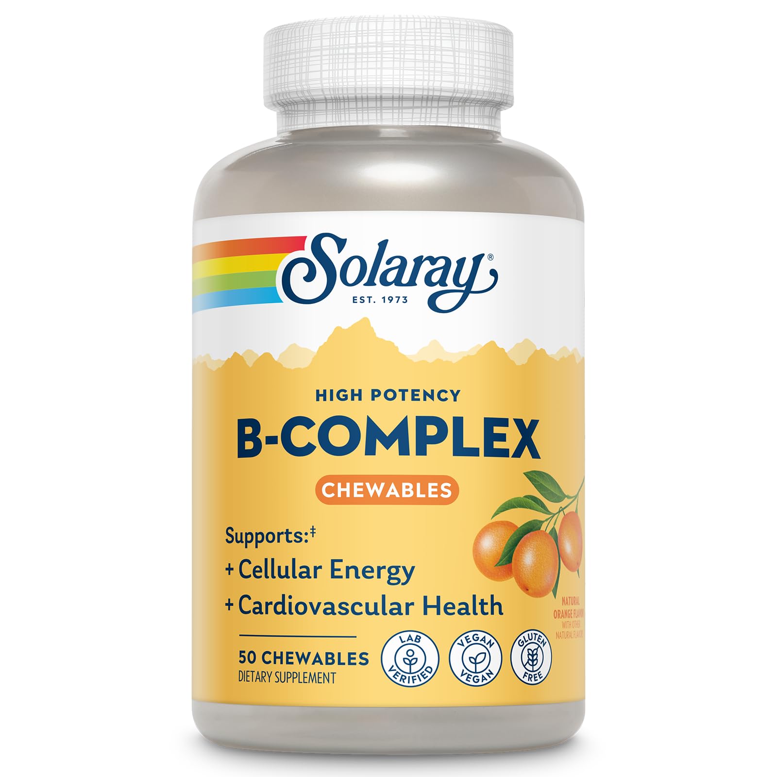 SOLARAY complejo de vitamina B naranja, tabletas masticables para energía diaria