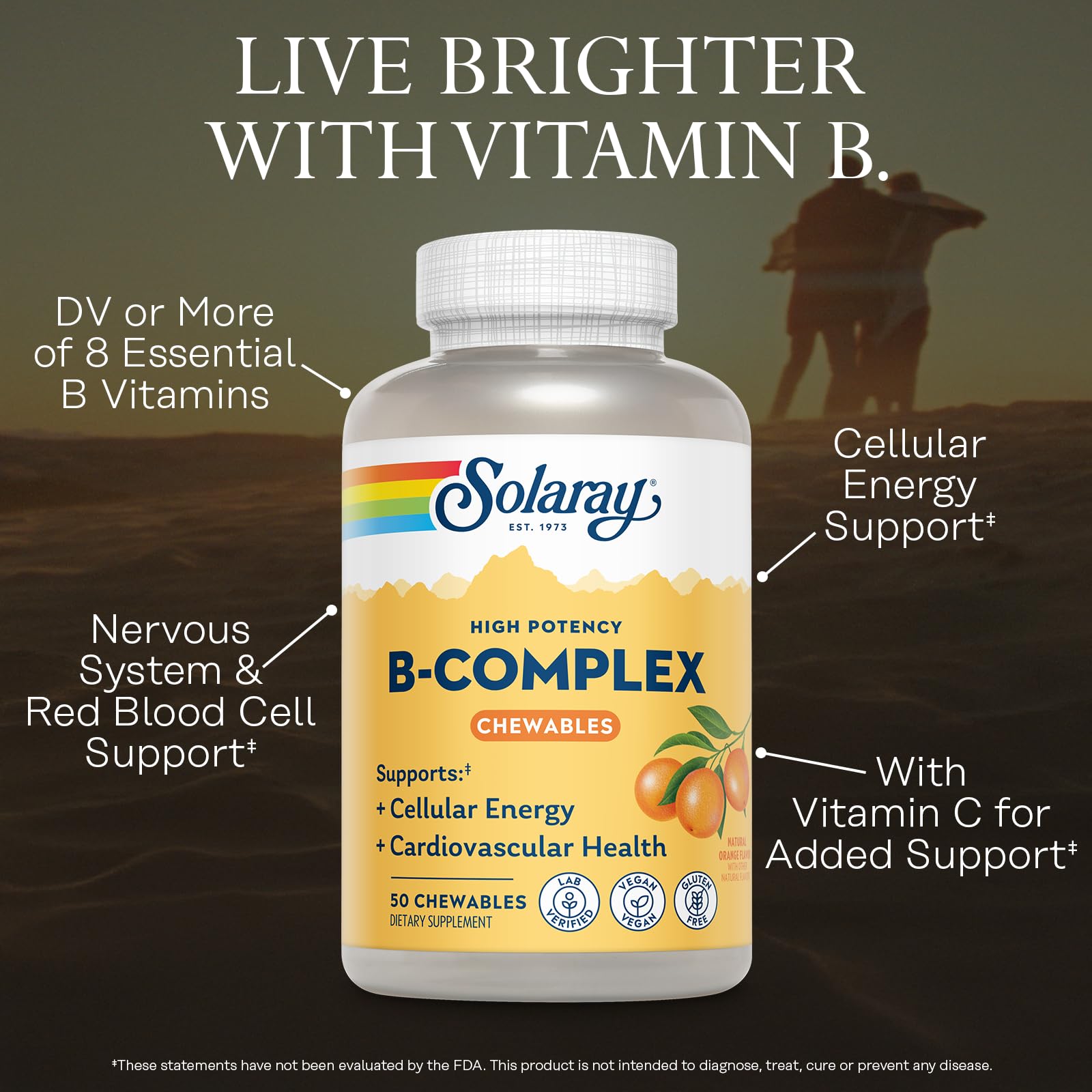 SOLARAY complejo de vitamina B naranja, sabor cítrico ideal para tomar cada día