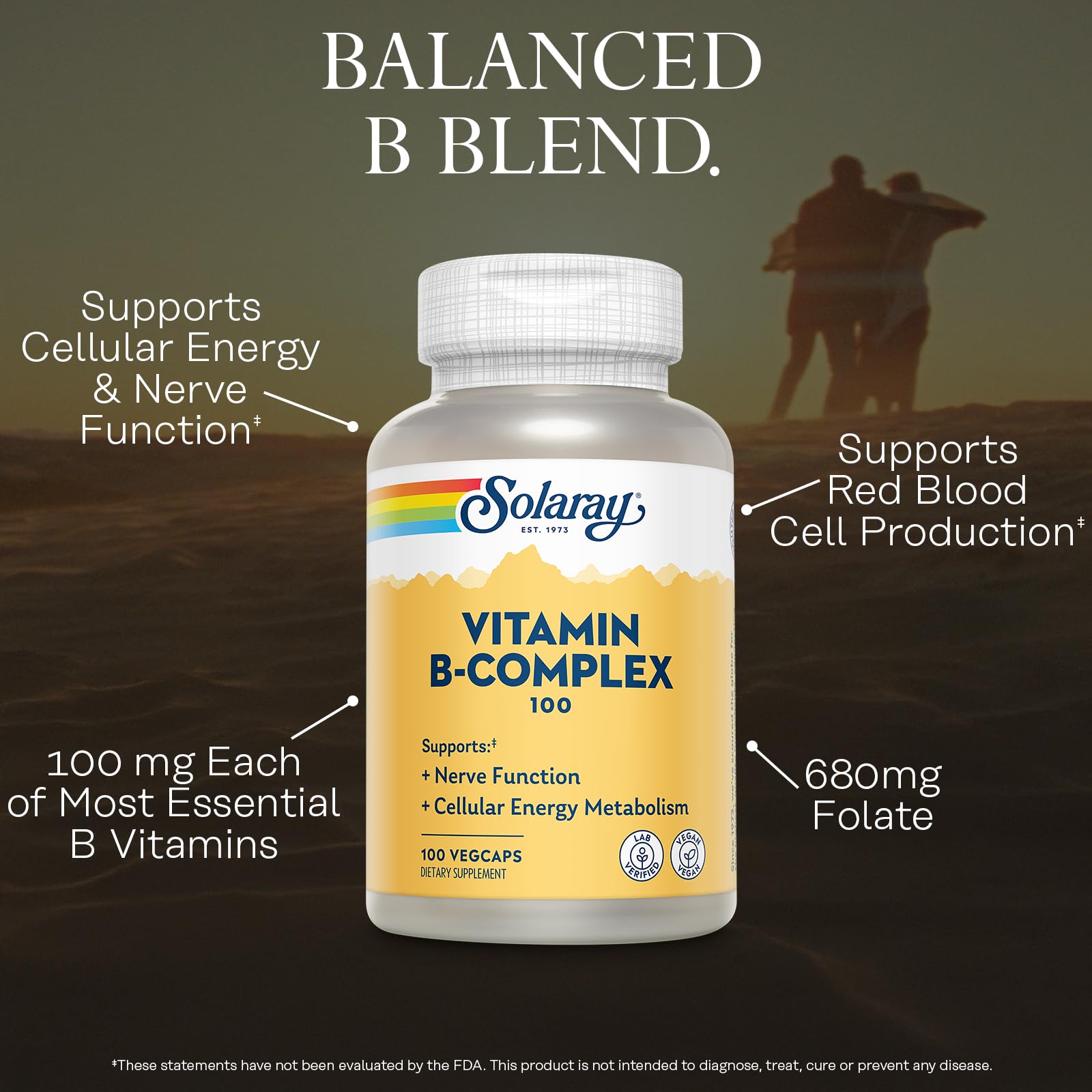 SOLARAY Vitamin B Complex – cápsulas veganas visibles para un régimen diario.