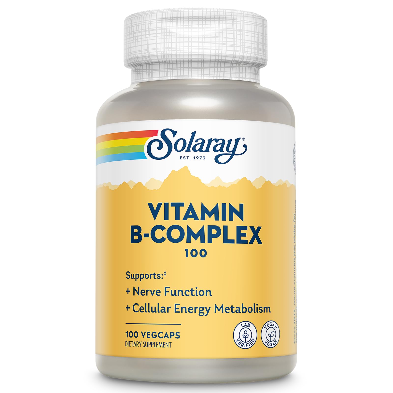 SOLARAY Vitamin B Complex 100mg – botella frontal, apoyo a la energía diaria.