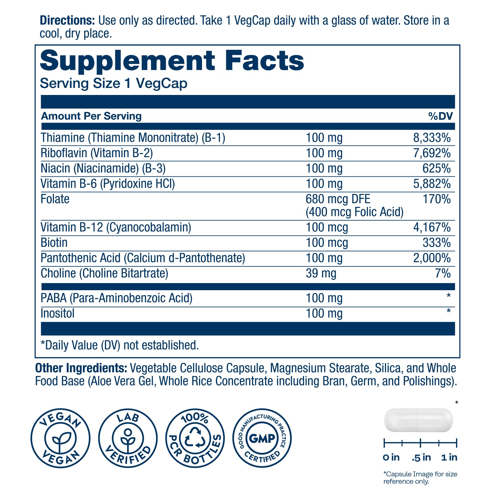 SOLARAY Vitamin B Complex – etiqueta que destaca ocho vitaminas B para apoyo diario.